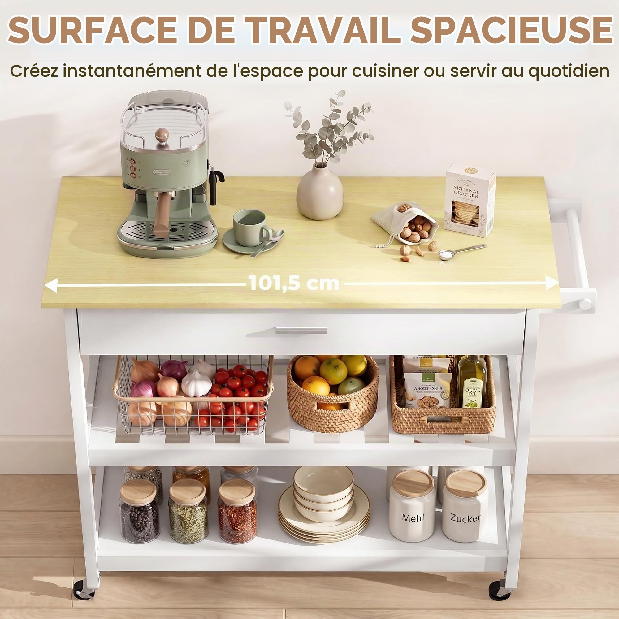 HOMCOM Desserte de Cuisine à roulettes Tiroir 108,8 x 51 x 92,5 cm Blanc