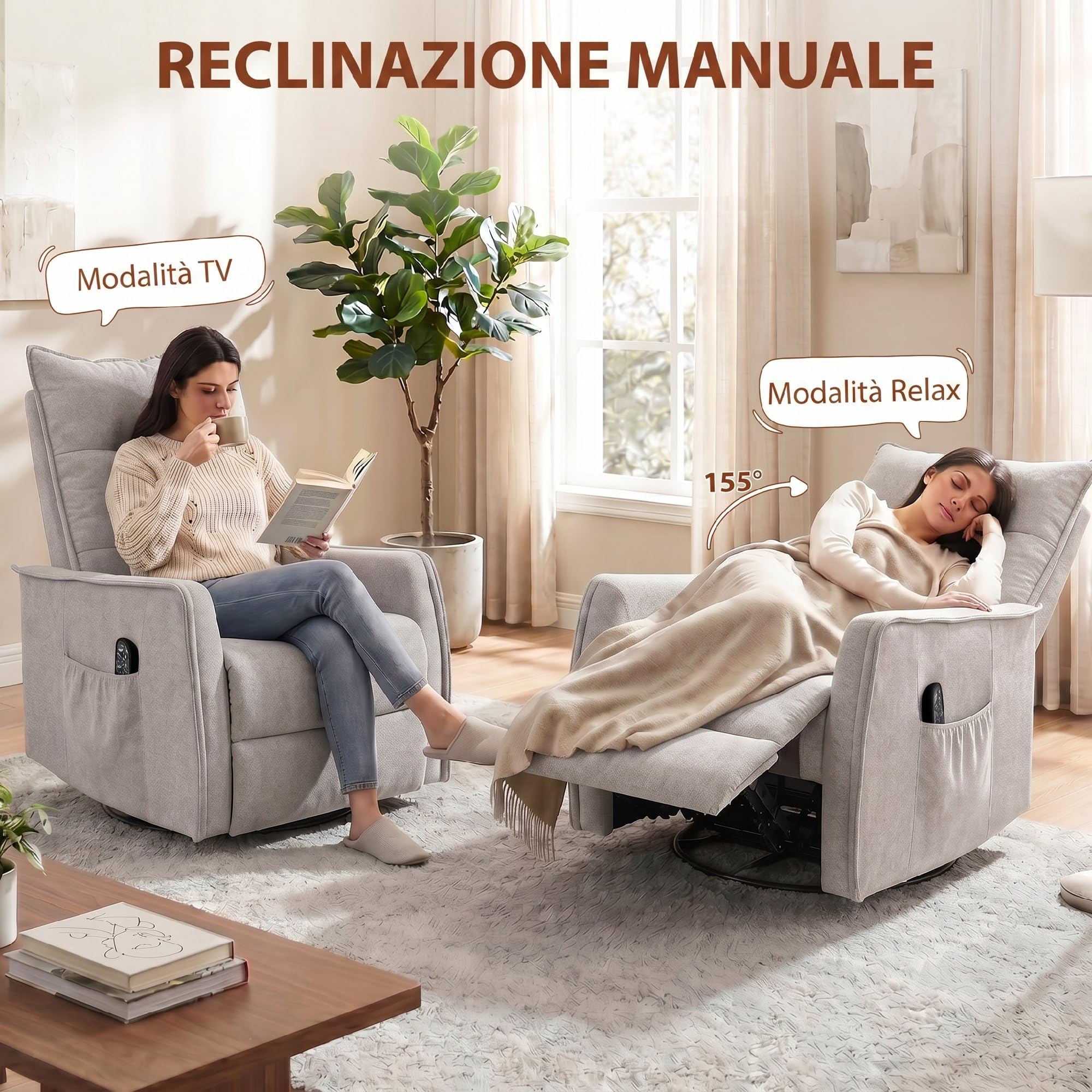 HOMCOM Poltrona Massaggiante Reclinabile Manuale 155° Riscaldante, 8 Punti di Massaggio, Poltrona Relax Girevole in Ciniglia, Funzione Dondolo, Poggiapiedi, Telecomando, Tasche Laterali, Grigio Chiaro