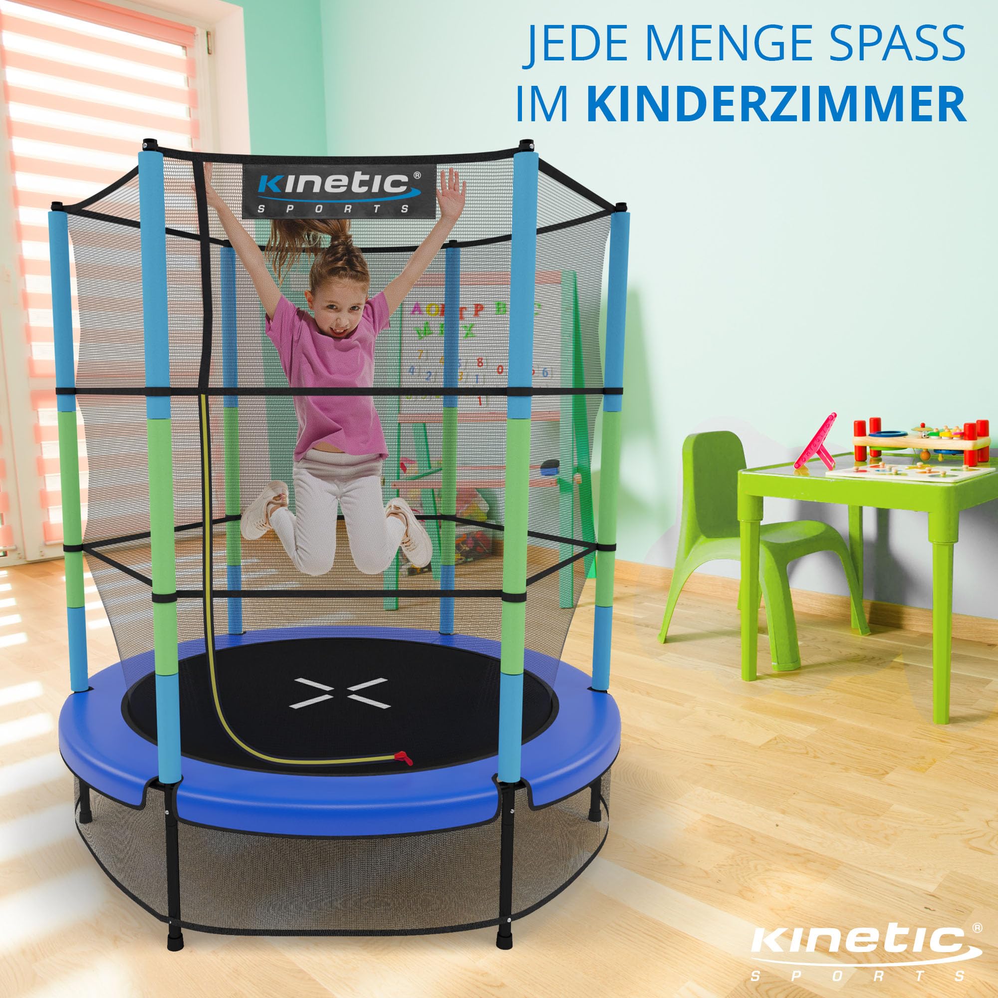 KINETIC SPORTS Kinder Trampolin Jumper 140 cm - Inklusive Gummiseil Federung, Sicherheitsnetz mit Reißverschluss, Rahmenpolster, Schutz Bodennetz - Indoor Kindertrampolin Spielzeug