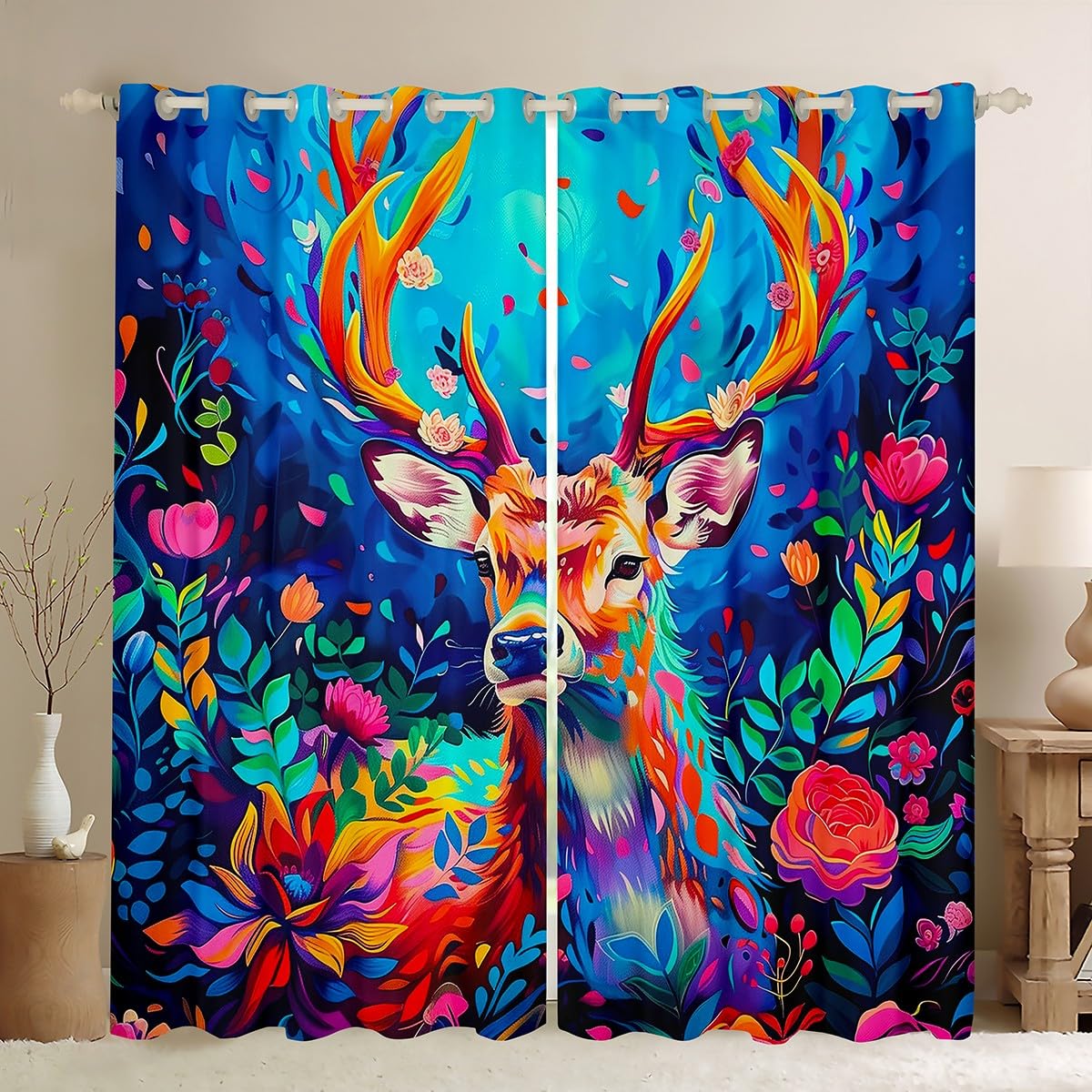 Rideau cerf chasse bois de cerf fleurs multicolores ferme salon 137x117cm