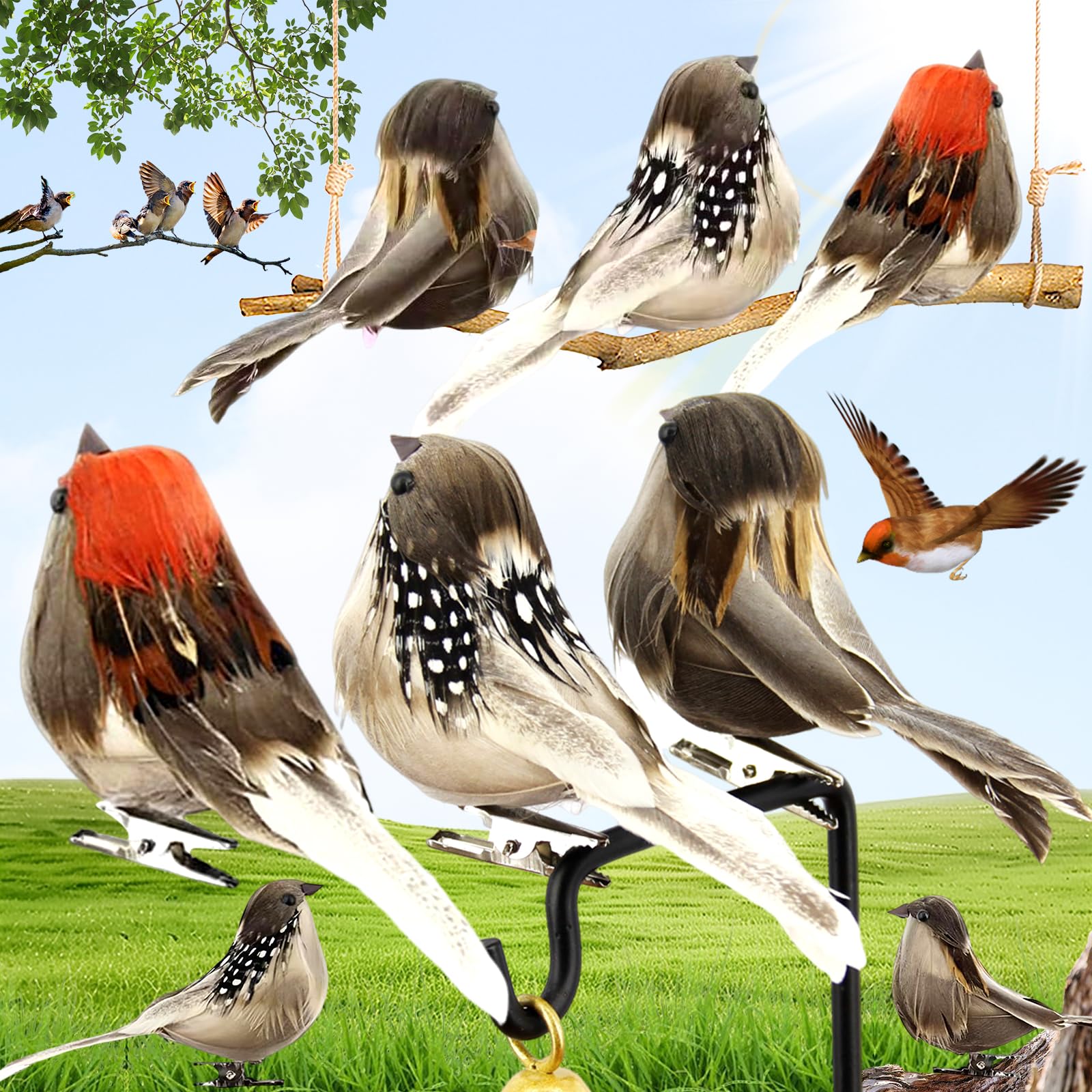 Duyteop 6 Piezas Pajaros Decorativos, Modelo De Pájaro Artificial Pluma, Pájaros De Imitación con Plumas, Pequeño Gorrión Artificial Pájaros, Figura De Pájaro Pequeño Pájaros Arbolado para Decoración