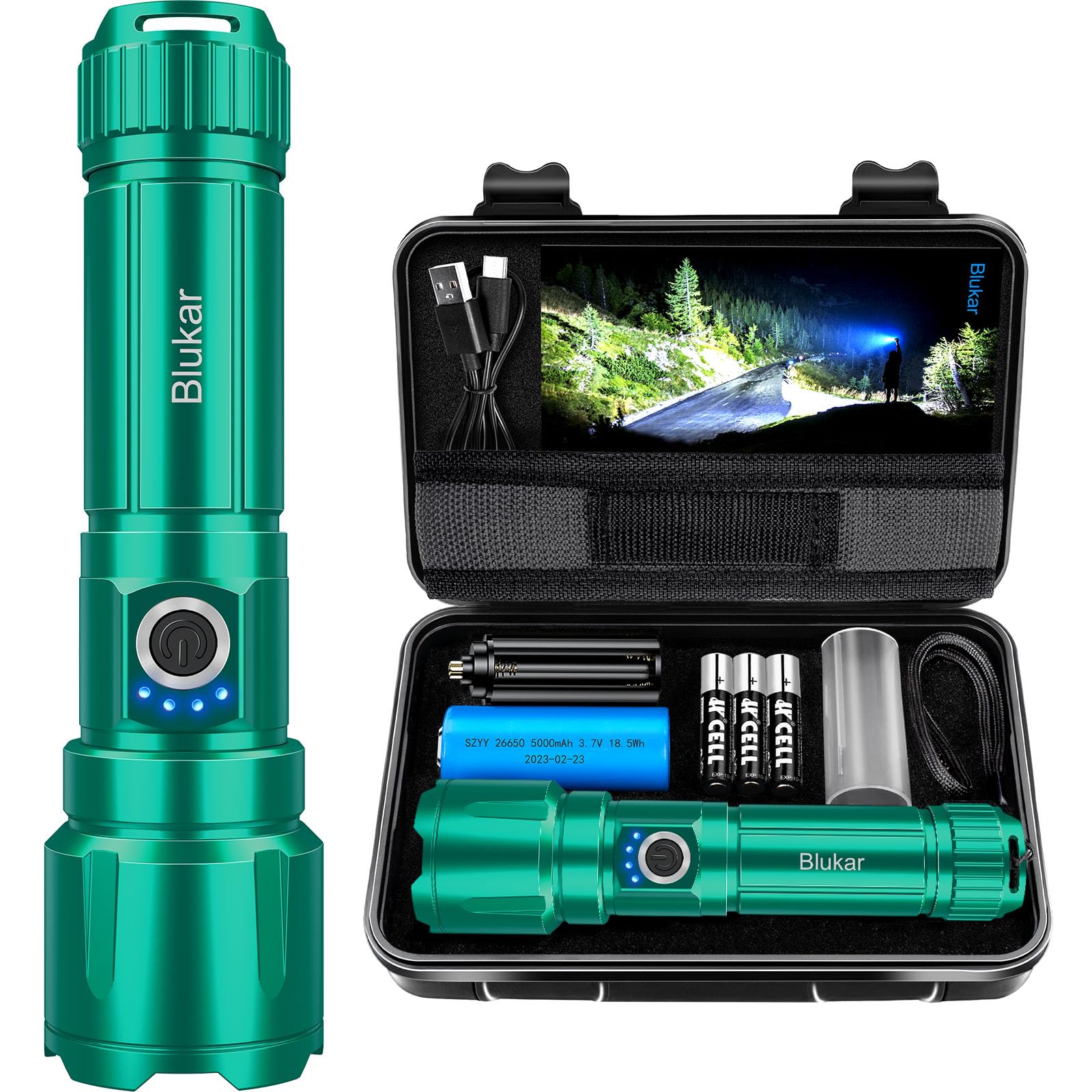 BlukarHigh Power LED Flashlights, Rechargeable Flashlight, 5 Light Modes, Zoomable, Waterproof, Portable Flashlights for Camping/Hiking/Outdoor/Emergencies