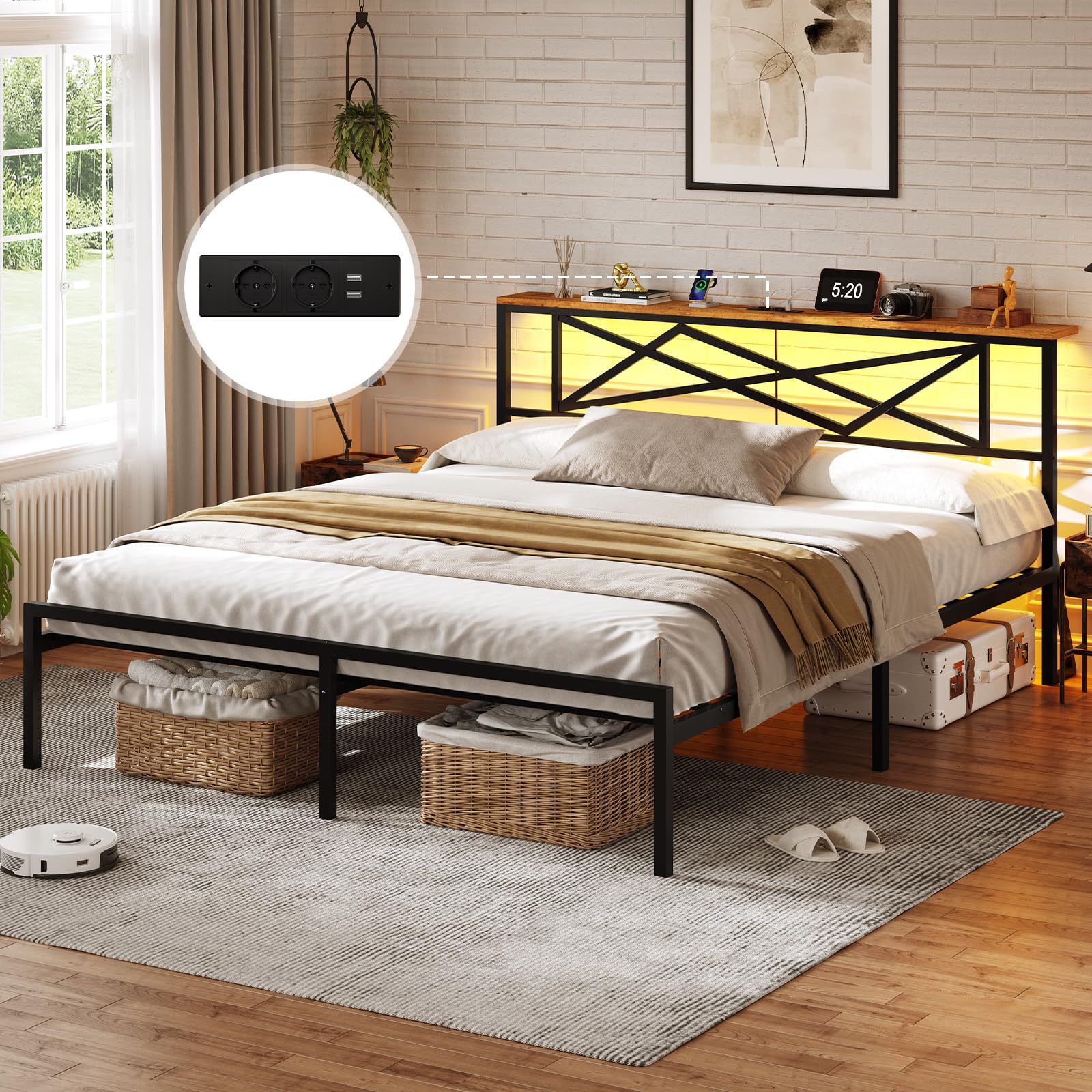 DICTAC Letto Matrimoniale 160 x 200 cm con Illuminazione LED, Telaio in Metallo con Stazione di Ricarica USB e Testata in Legno, Rete a Doghe in Metallo