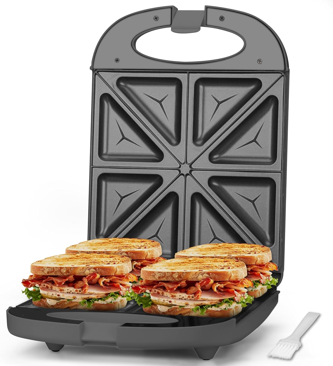 Baker's Friend Sandwichera para desayuno, 4 rebanadas de Panini Grill Press Sandwichera, Sandwichera eléctrica con luz indicadora, Sandwichera para muffins de huevo y queso a la parrilla, Grafito