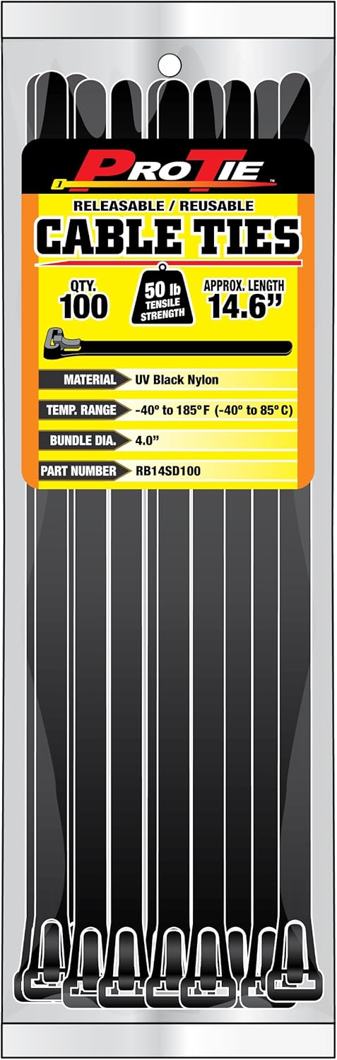 Pro Tie Standard Duty, Releasable Nylon Cable Ties for Indoor and Outdoor Use |11.8-Inch, 50 lbs. Tensile Strength, UV Black Nylon, 100-Pack (PN: RB11SD100)