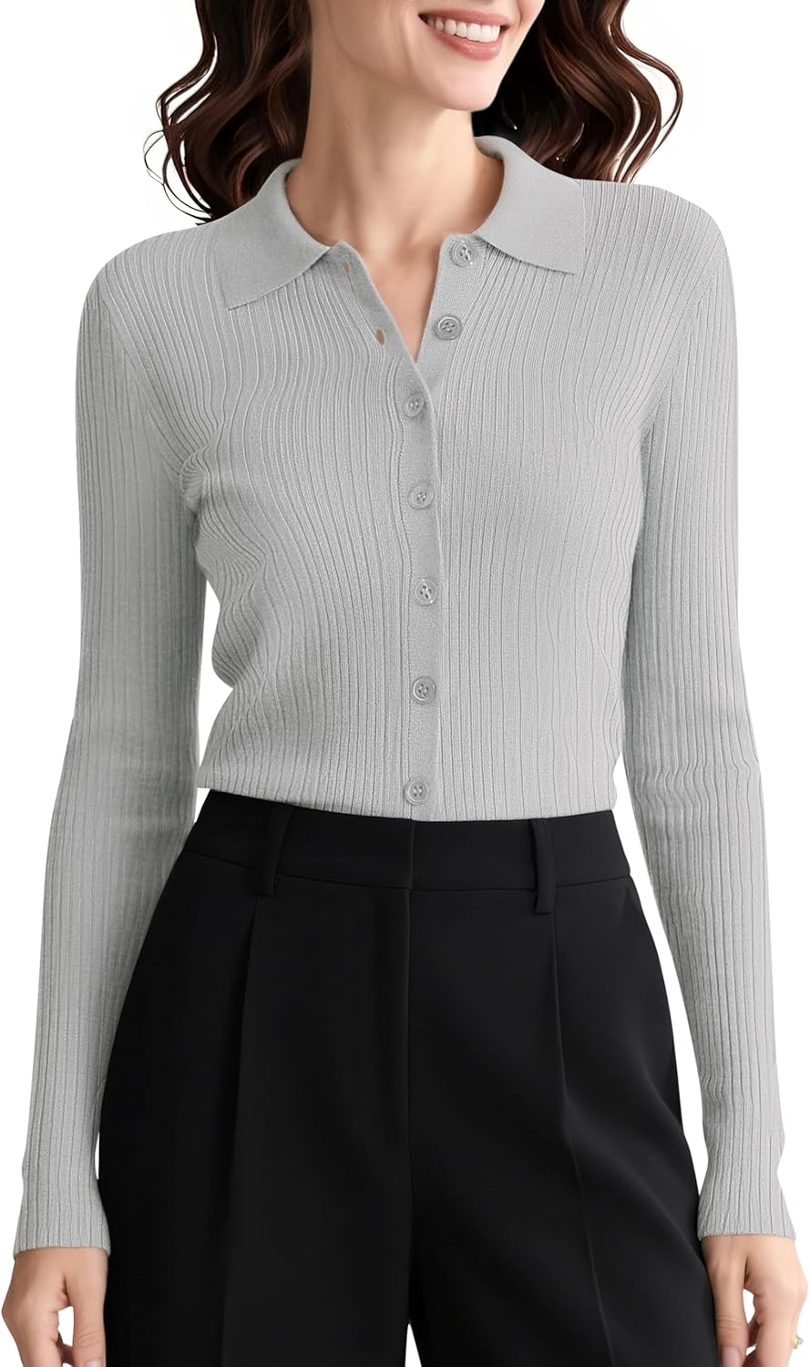 Urban CoCo Women's Long Sleeve Button Up Sweater Polo Shirt Collared Knit Cardigan Sweaters