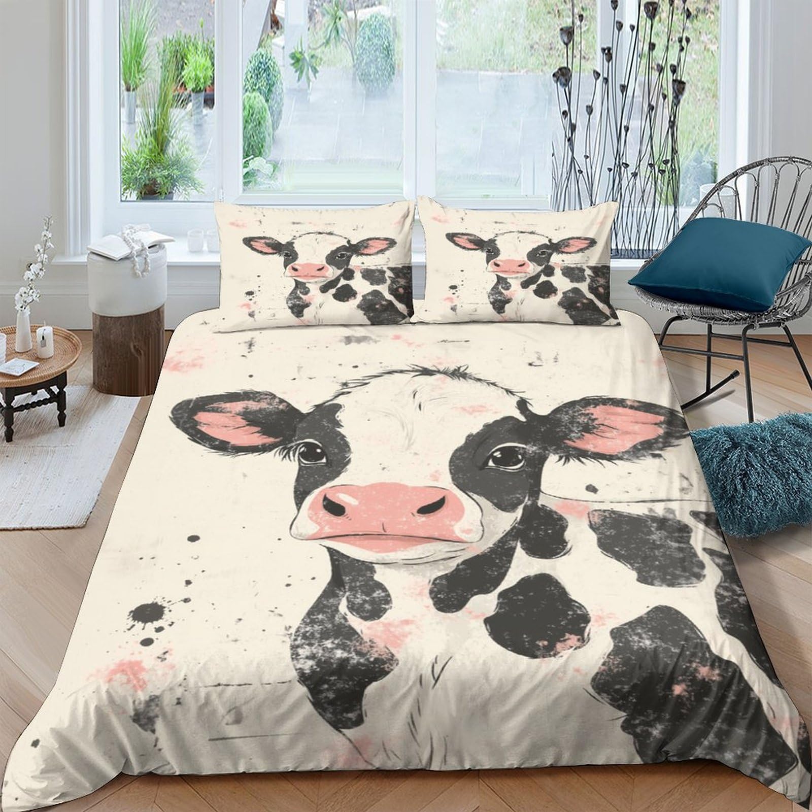 TUFRTGYHN 3D Printed Cow Cartoon Duvet Cover Microfiber Soft Breathable Farm Animal Bedding Set with 2 Pillowcases for Bedroom Decor Single（135x200cm）
