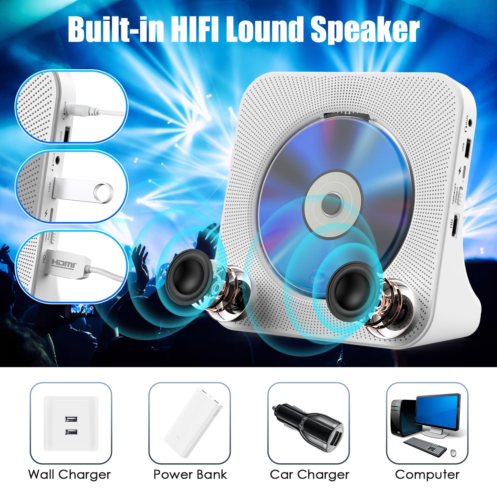 Gueray Lettore DVD per TV Lettore DVD/CD da Tavolo per la Casa con Altoparlanti Bluetooth Display Sveglia Radio FM con Lettore CD Riproduzione di Schede USB Include Telecomando HDMI Cavo(Bianco)