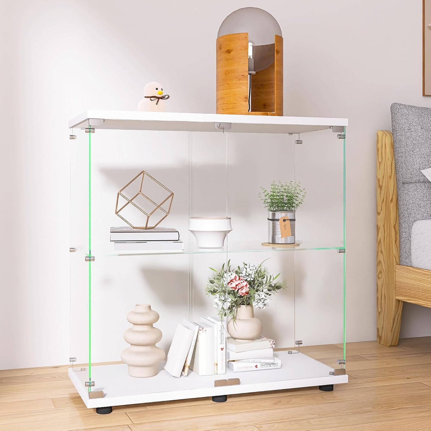 2-Tier Glass Display Cabinet 2 Shelves with Door,Curio Cabinet Collection Display Case,Floor Standing Glass Curio Bookshelf for Living Room Bedroom Office, 35.35” x 31.69”x 14.37”