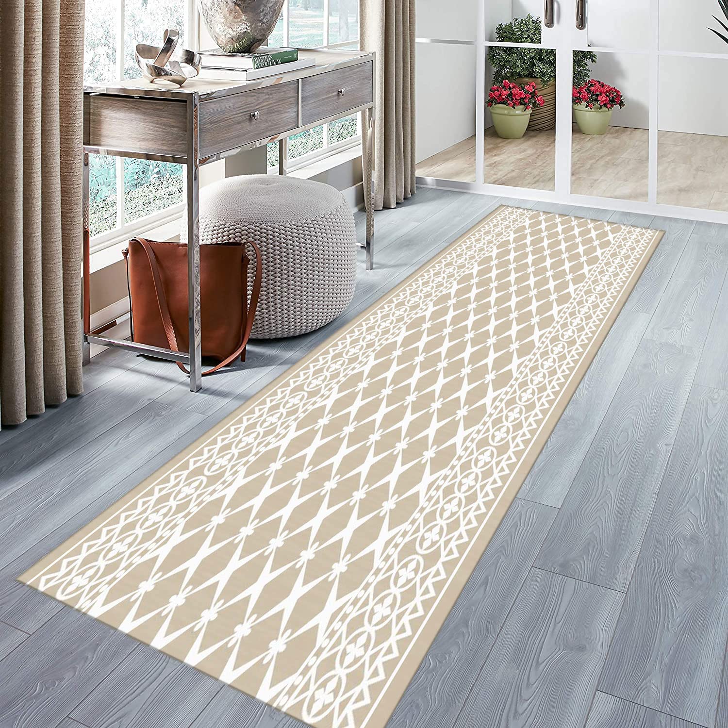 Läufer Teppich Flur rutschfest Waschbar Modern Minimalistisch Vintage Abstrakt Blumenmuster Geeignet für Küche und Wohnzimmer