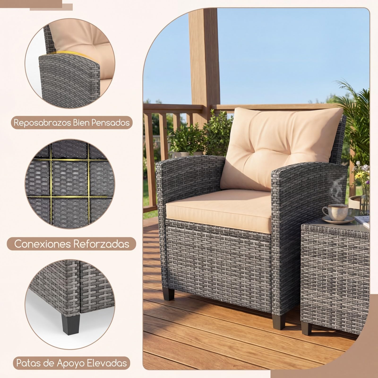 GIANTEX Conjunto de Muebles Jardín 3 Piezas, Mesa y Sillas de Exterior de Ratán PE con Cojines, Mesa con Tablero de Vidrio, para 2 Personas, para Terraza, Patio, Balcón (Gris+Marrón)