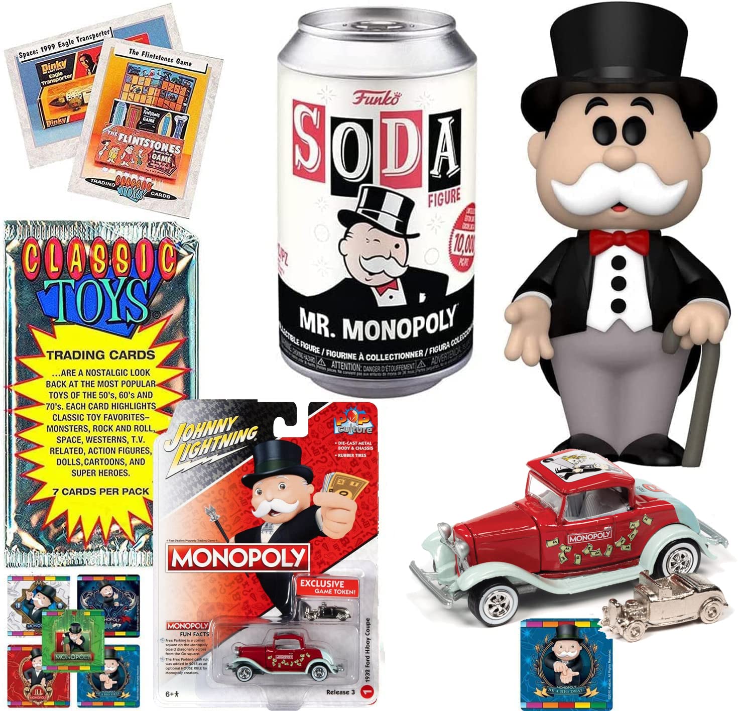 FunkoFree Parking GO Monopoly Figure Soda Icon Uncle Penny Bags Character Bundled with Classic Rich Uncle Moneybags Vinyl + Game Car Theme + Vintage Toy Trading Cards & Game Sticker Pack 4 Items