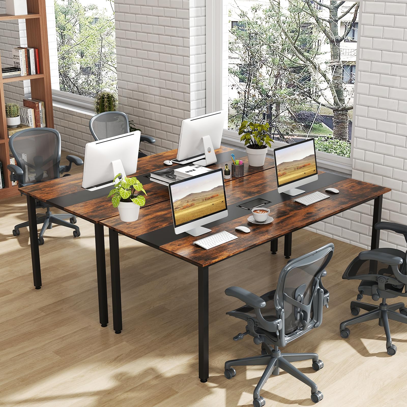 GIANTEX Konferenztisch, 180 x 90 cm Bürotisch mit Kabelloch, Metallbeinen, extra Langer Computertisch für Sitzungszimmer, Besprechungsraum, rustikales Braun, für 8-10 Personen