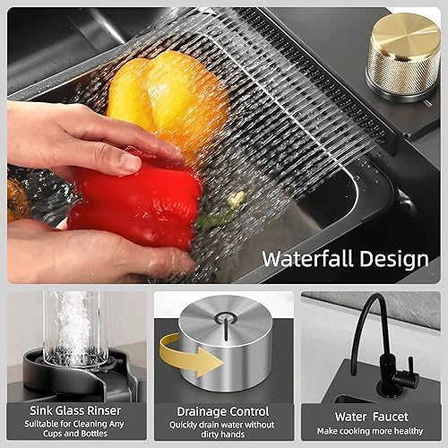 Miniatura 2 de Fregadero de cocina, fregadero de cocina en cascada, fregadero de cocina de acero inoxidable 304 negro de 29.5 pulgadas, fregadero de estación de