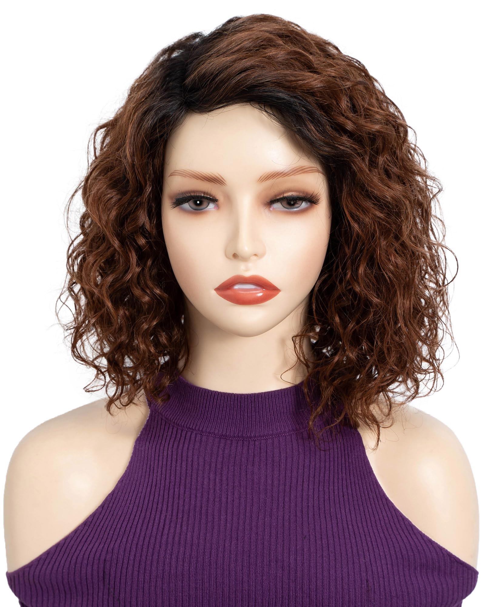 FASHION IDOL Short Curly Bob Omber Chocolate Human Hair Wig C-Type Lace Wear and Go Short Curly Bob Wig for Women (TT1B/33, 10 Inch)