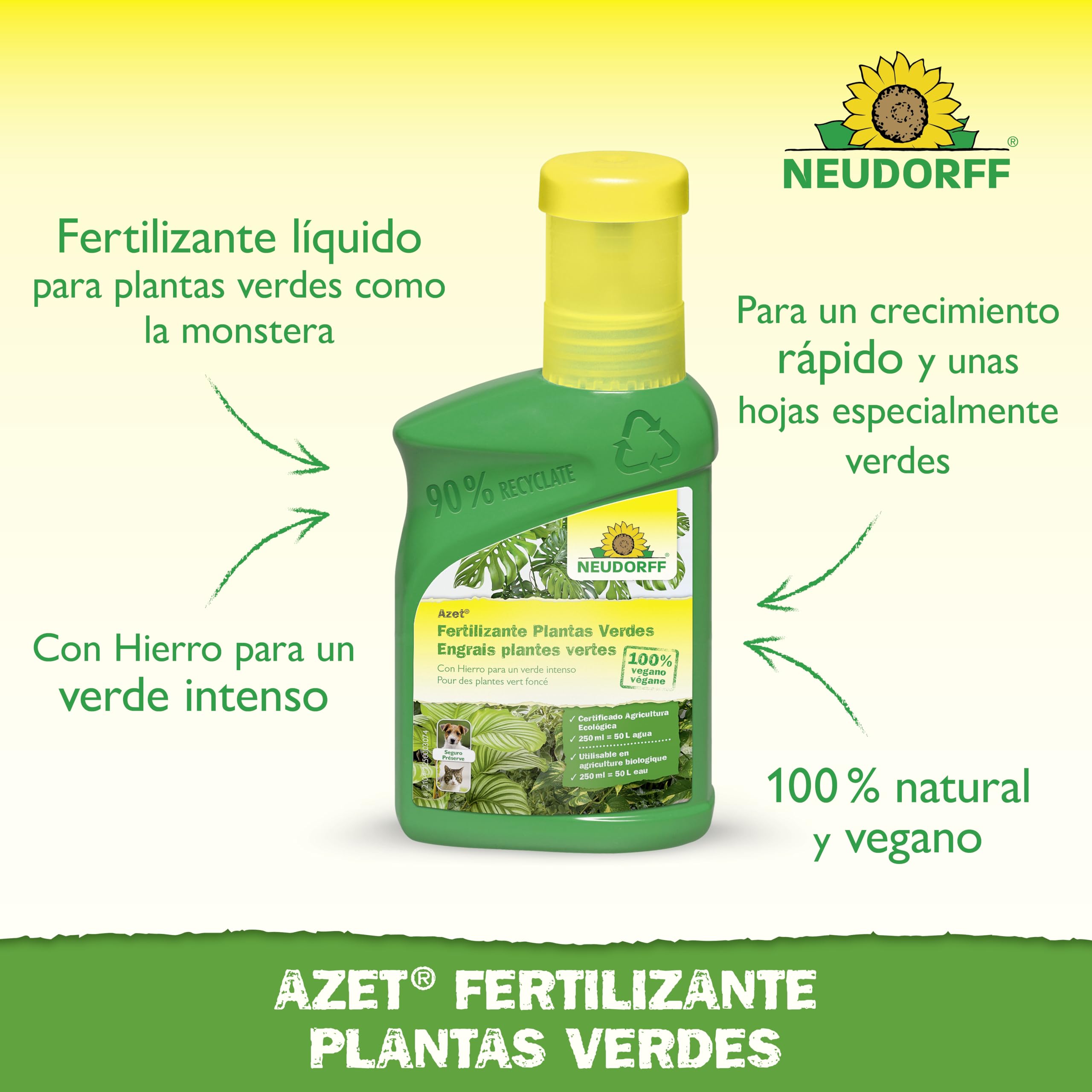 Neudorff Azet Fertilizante Plantas Verdes - Abono orgánico 100% natural para un crecimiento rápido y hojas de color verde intenso para todas las plantas verdes, 250 ml