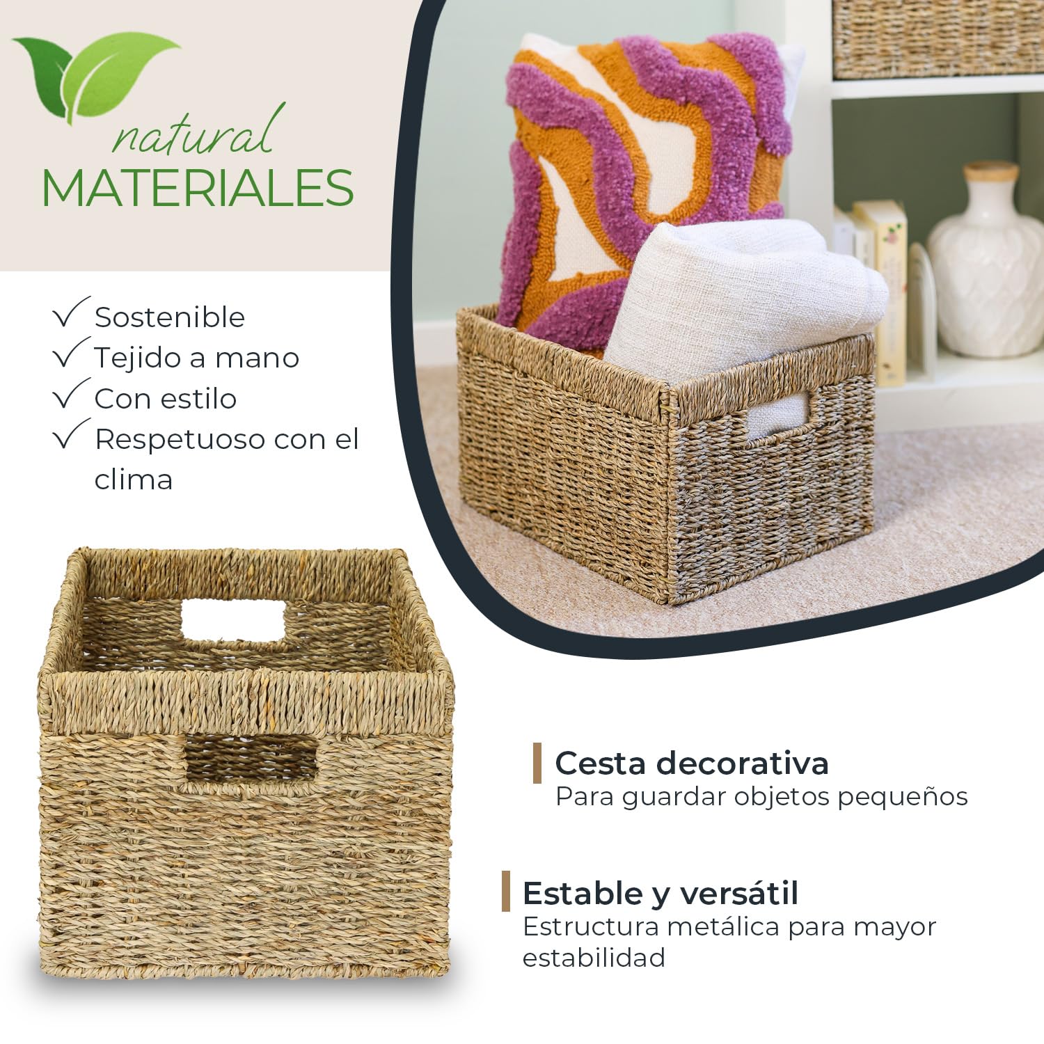 HMF Cesta de almacenamiento compatible con estantería Billy, Cesta trenzada de hierba marina con tres asas | juego de 4 | 35 x 25 x 20 cm | Natural