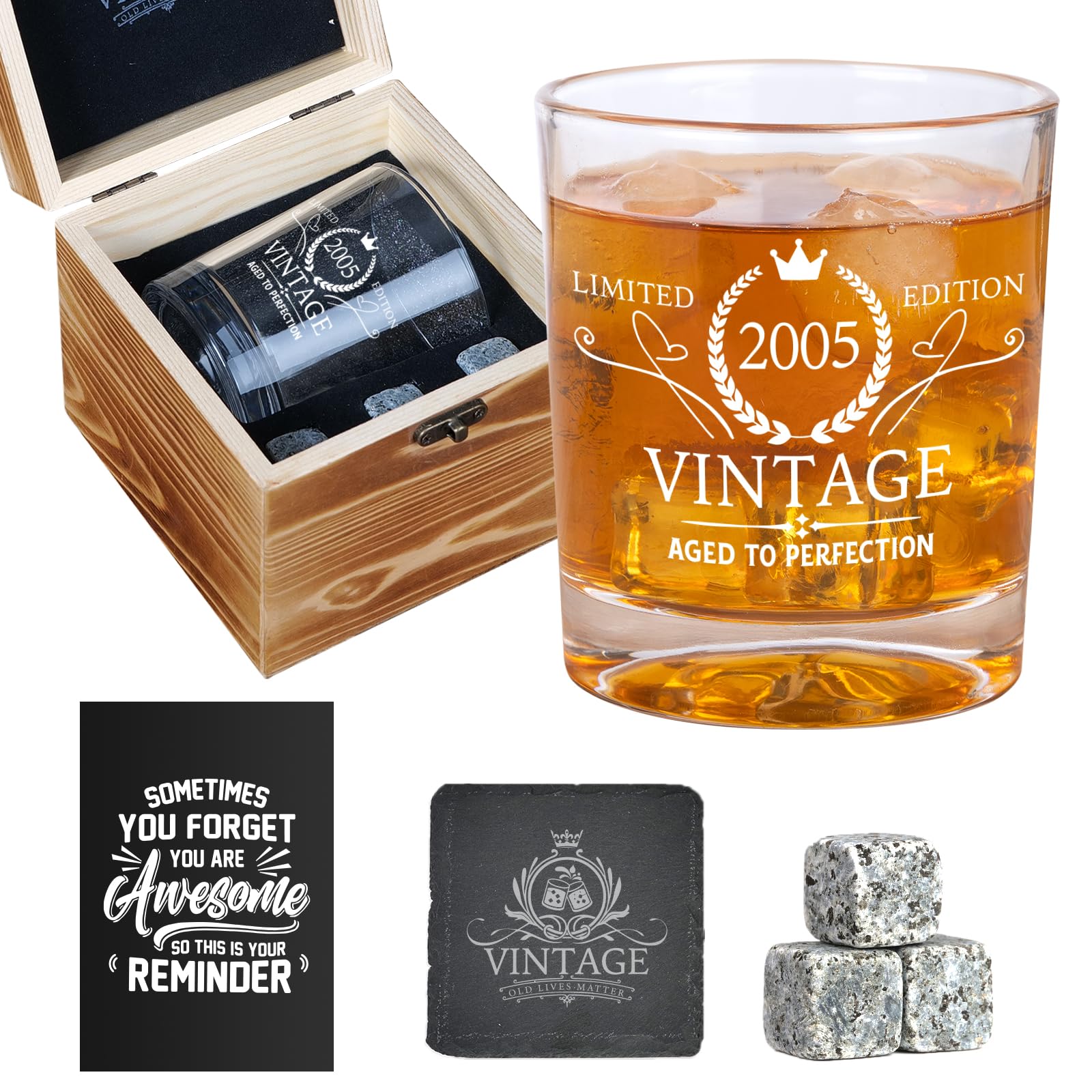 2025 21st Birthday Gift For Him, 21 Year Old Gifts For Men Whiskey Glass Set - 21st Birthday Decorations, Party Supplies - Bday Gifts Ideas For Him, Friends - Wood Box & Whiskey Stones & Coasters