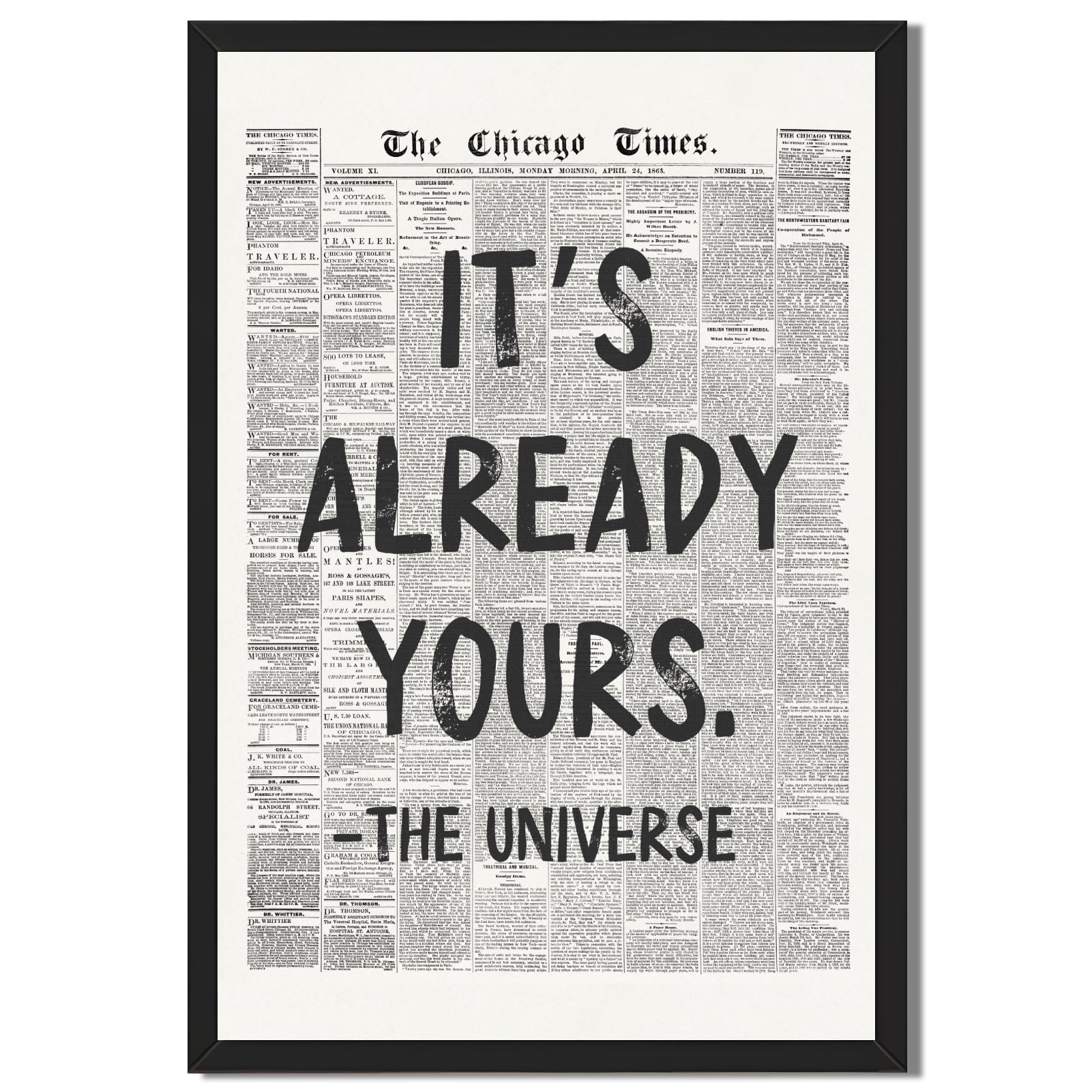 Framed Black And White Retro Newspaper Wall Art ItS Already Yours Universe Quote Poster Trendy Positive Inspirational Wall Decor for Bedroom Office Apartment Do