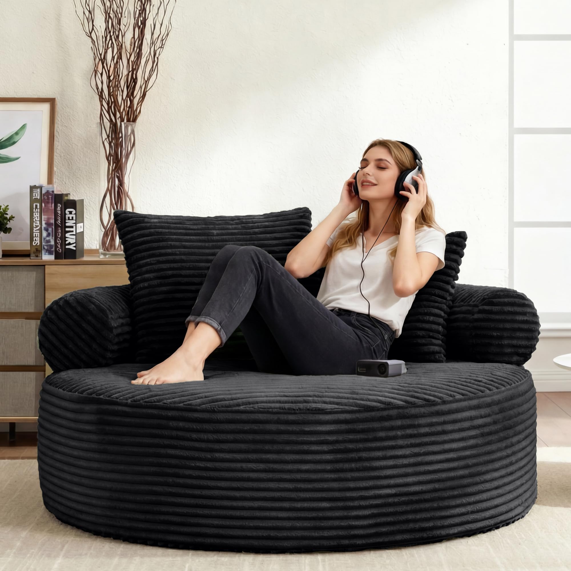 Oversized Round Chair Lounge Chaise Indoor, 55.5" Upholstered Corduroy Deep Seat Single Cloud Sofa Chair, Fluffy Modern Large Circle Boneless Sleeper Sofa for Living Room, Bedroom, Black