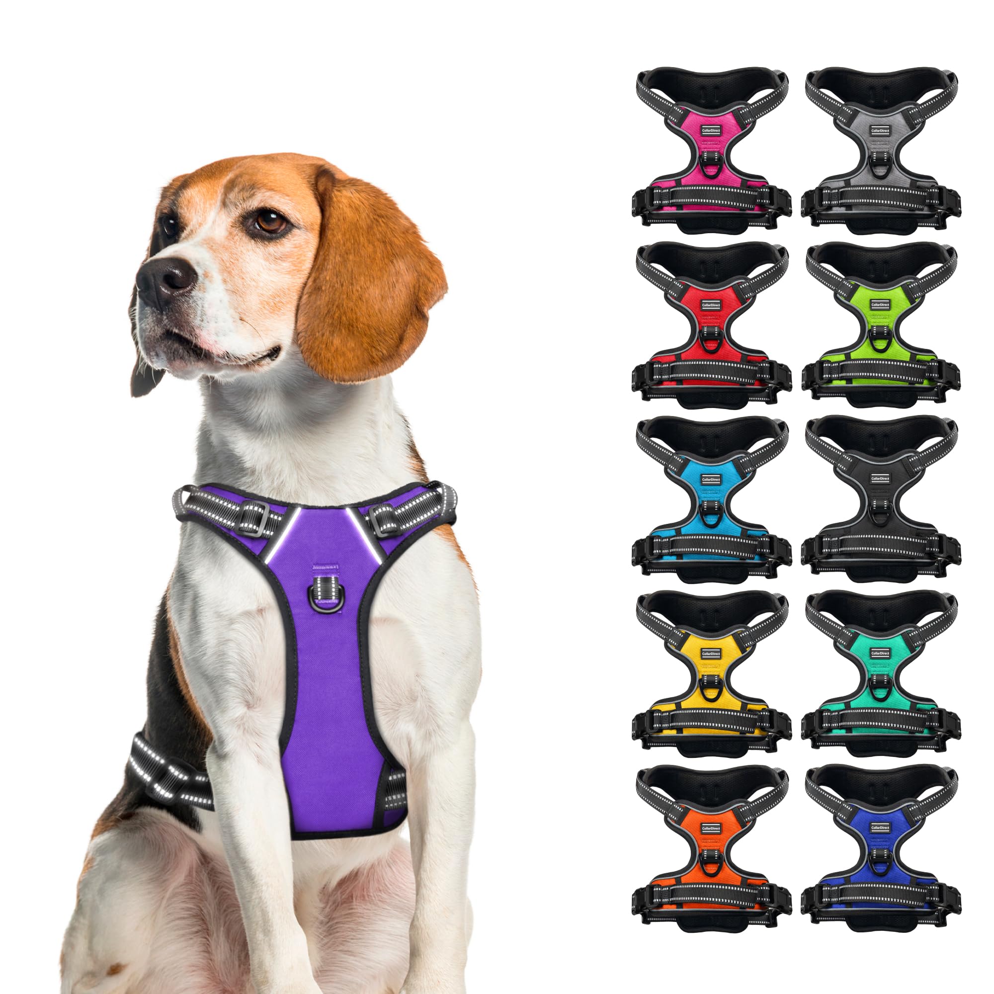 CollarDirect No Pull Reflective Dog Harness with Handle and Front Clip, Adjustible Soft Padded Vest for Small to Large Dogs Training and Walk (Size M, Purple)