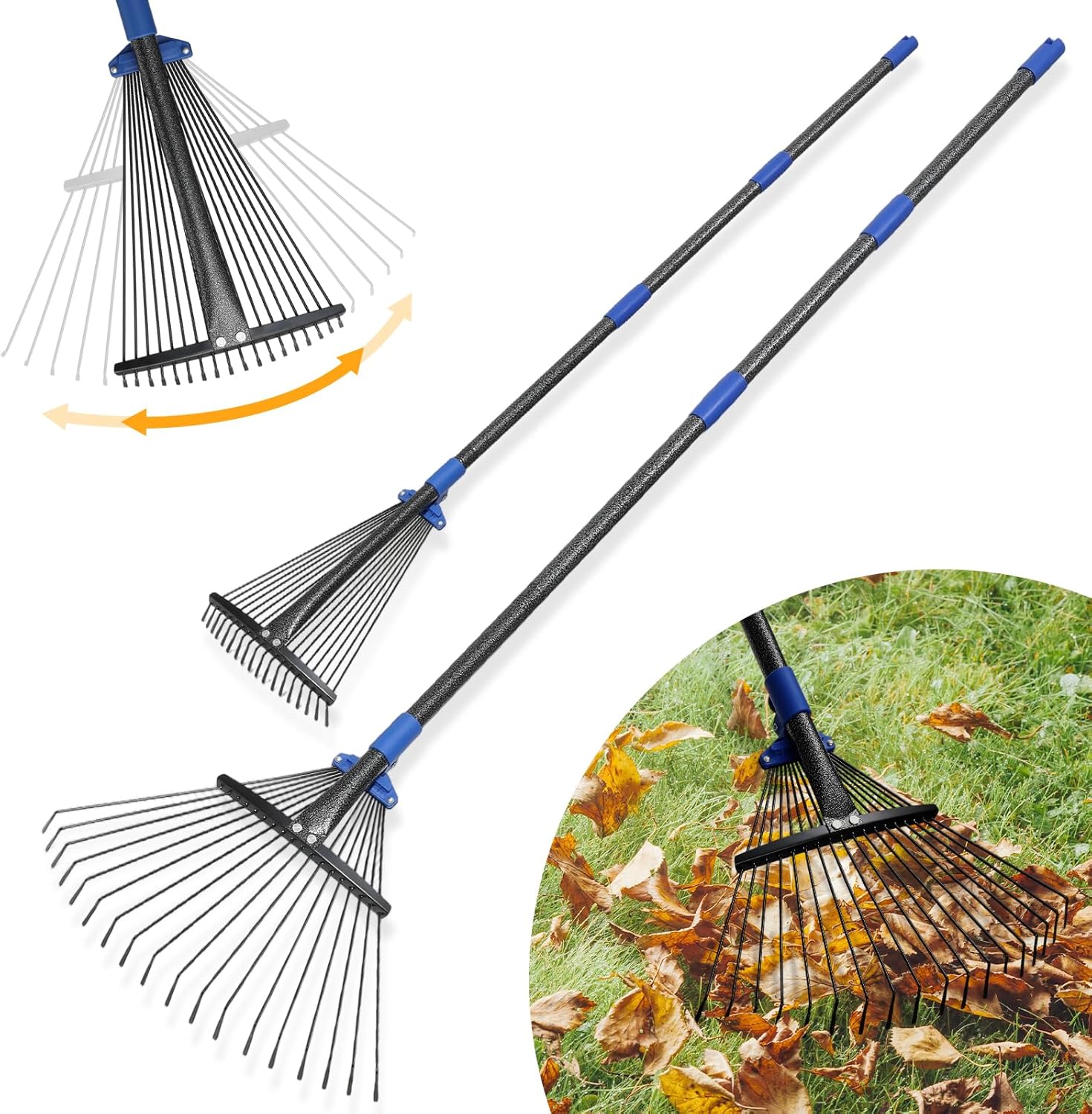 UIABOPZ Adjustable Leaf Rake: Heavy-Duty Metal, 30-60" Telescoping Handle, 8-17" Expandable Head for Lawn, Garden & Yard Cleanup