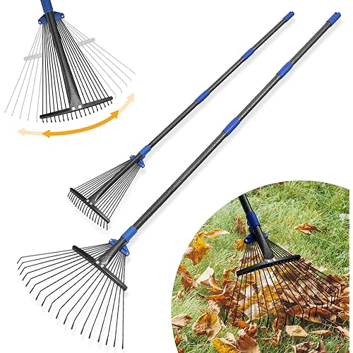 Adjustable Leaf Rake, Heavy Duty Metal Rake for Leaves, Long Handle 30"-60" with Expandable Head 8"-17", Collapsible Small Rakes for Lawns, Gardening, Yard, Camping, Shrub, Grass, Bush, Weed, Debris