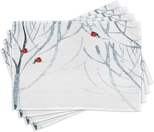 Ambesonne Juego de 4 manteles individuales modernos, árboles de color agua, imagen de bosque de invierno con estampado de camachuelos, manteles
