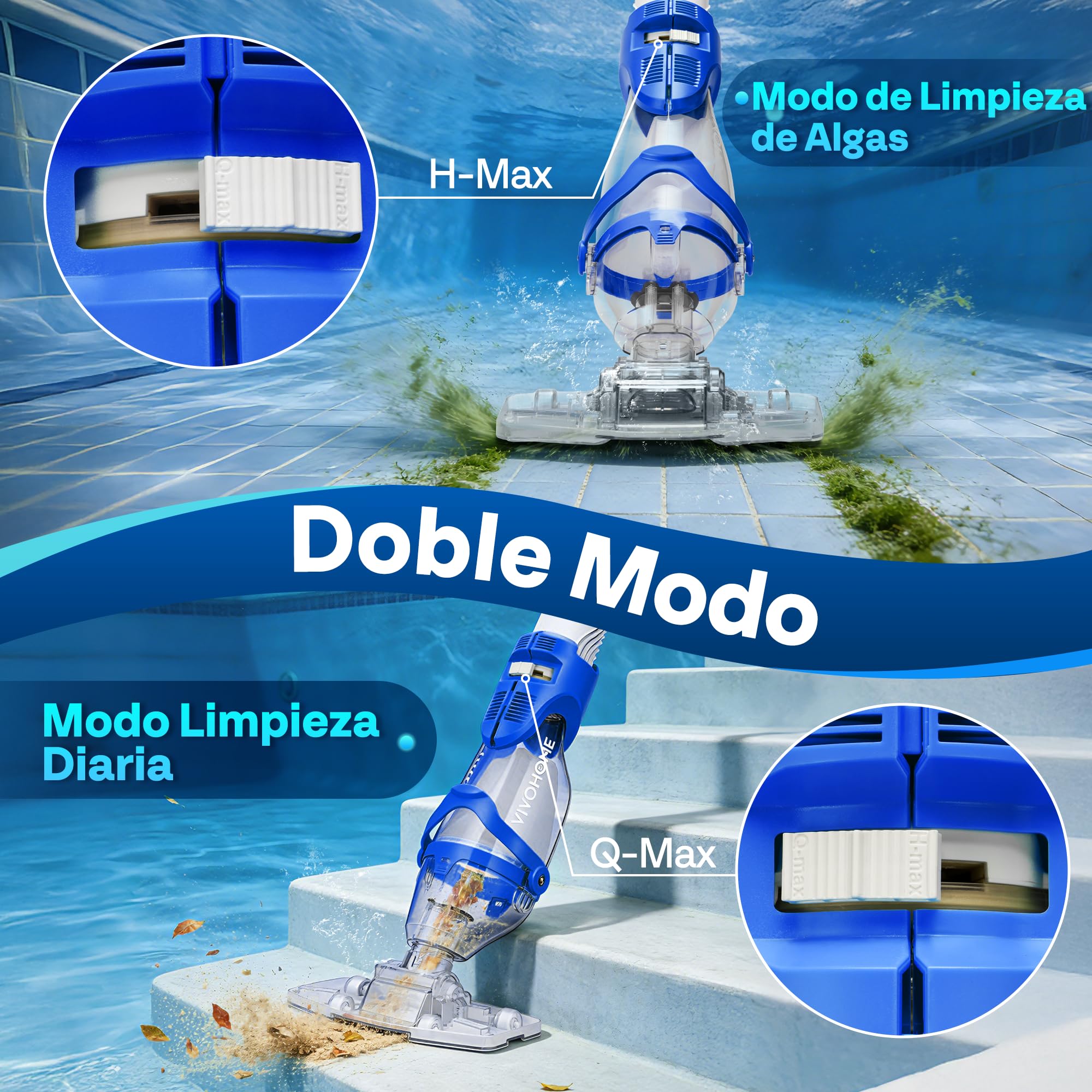 VIVOHOME 72LPM Limpiador Portátil para Piscina con Pértigas Telescópicas Aspirador de Piscina Autónomo de 75 Minutos Ideal para Piscinas Elevadas y Enterradas, Spas y Jacuzzis