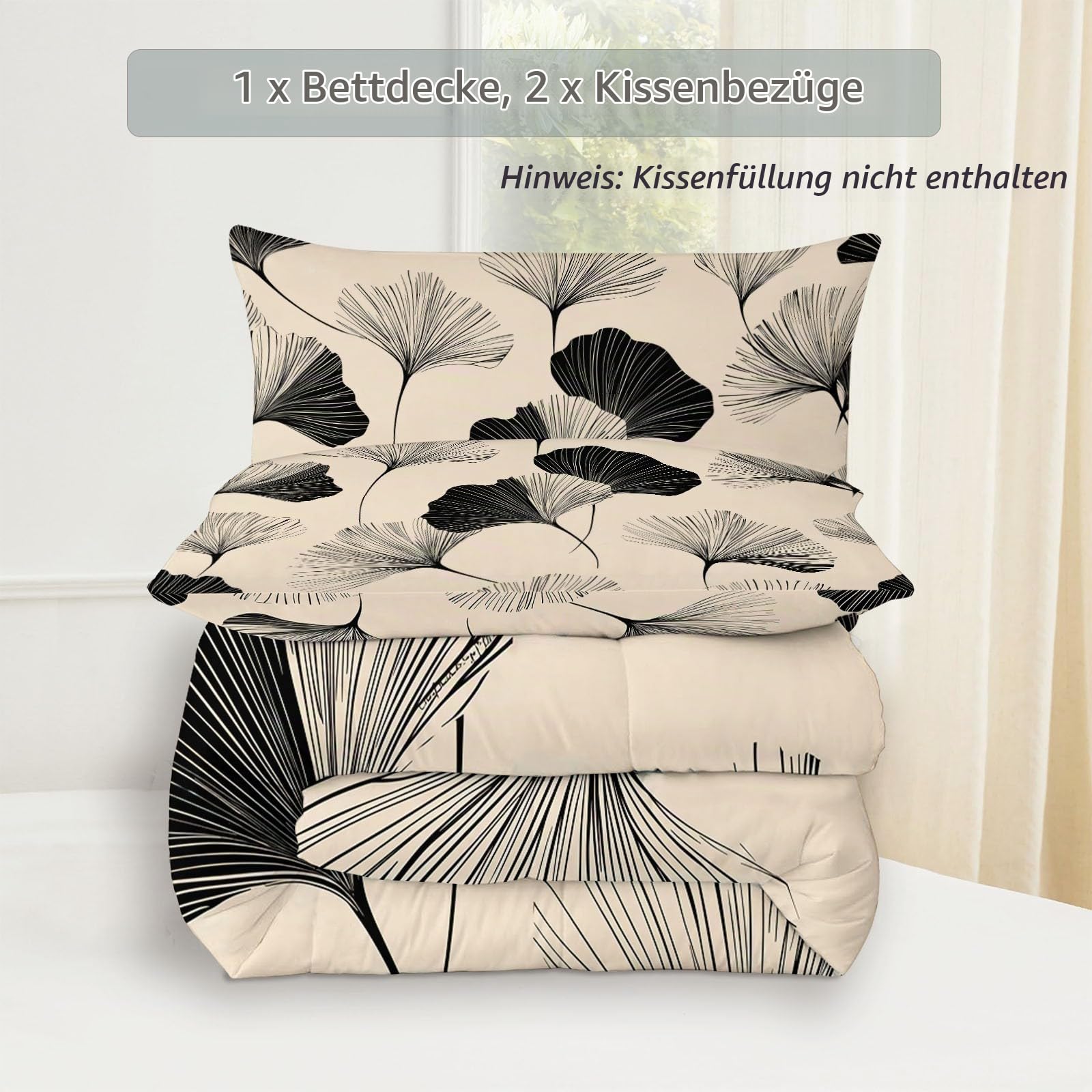 Bettdecke 135 x 200 cm 4 Jahreszeiten, Creme Handbemalte Graffiti Ginkgoblätter Wende Steppdecke Ganzjahresdecke, KinSchlafdecke Bettdecke ohne Bezug Warme & Weiche Waschbar mit 2 Kissenbezug 80x80