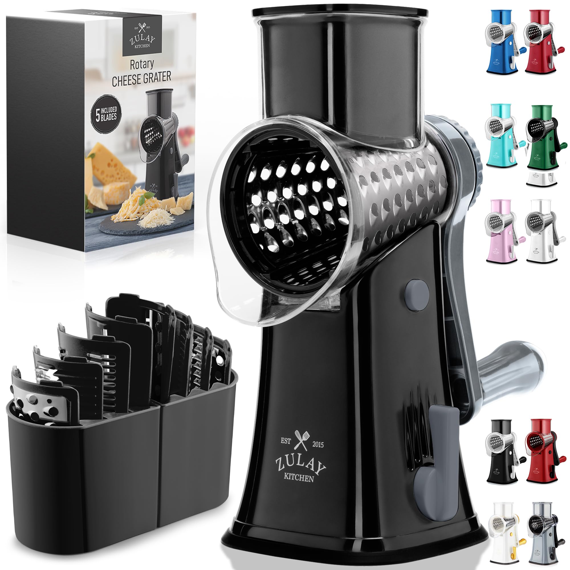 Rotary Cheese Grater Manual Hand Crank 5 Blade Shredder, Black &amp; Gray