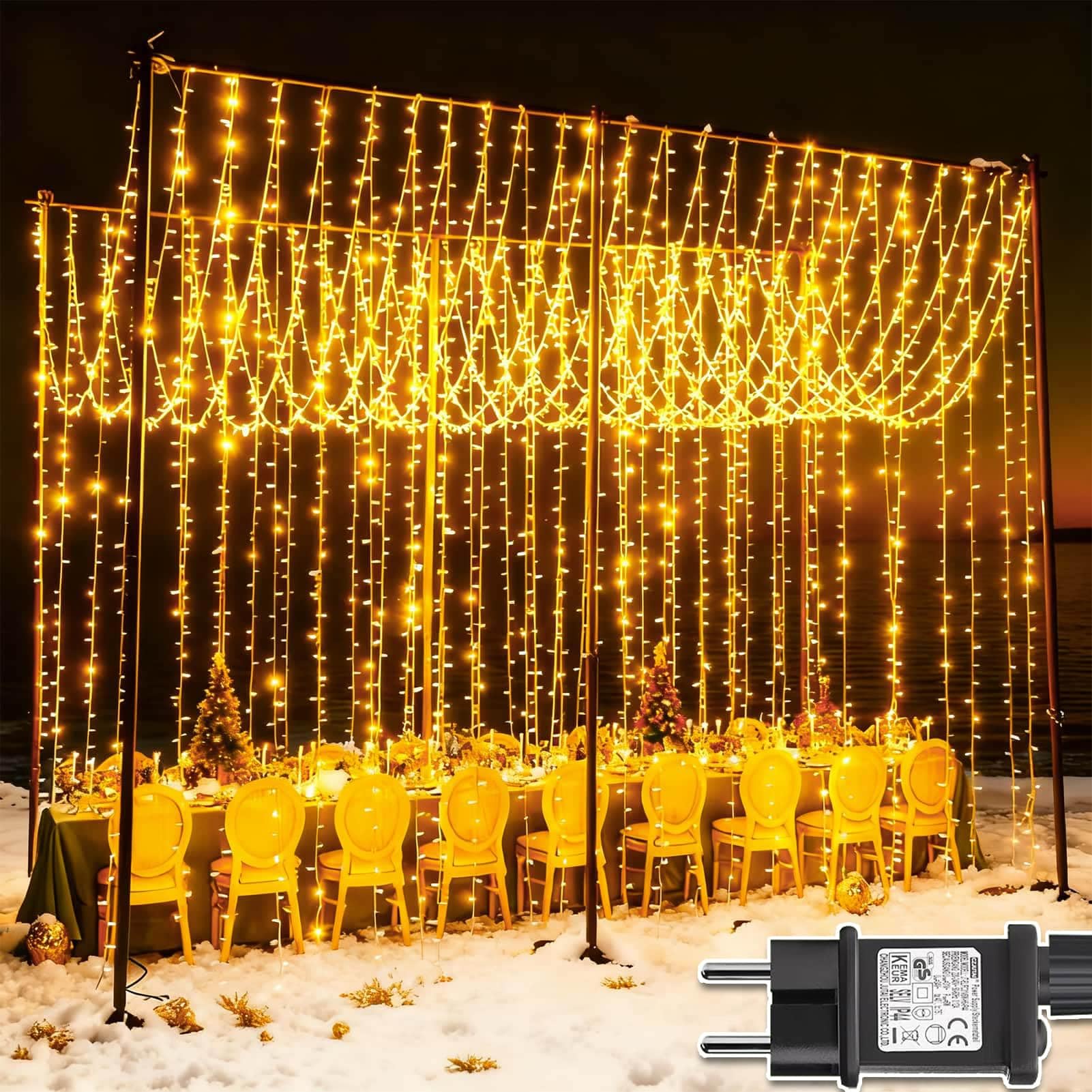 Rideau Lumière De Mariage 300 LED 3M X 3M 8 Modes Blanc Chaud Guirlande Lumineuse Rideau Eclairage Décoration De Fée De Noël