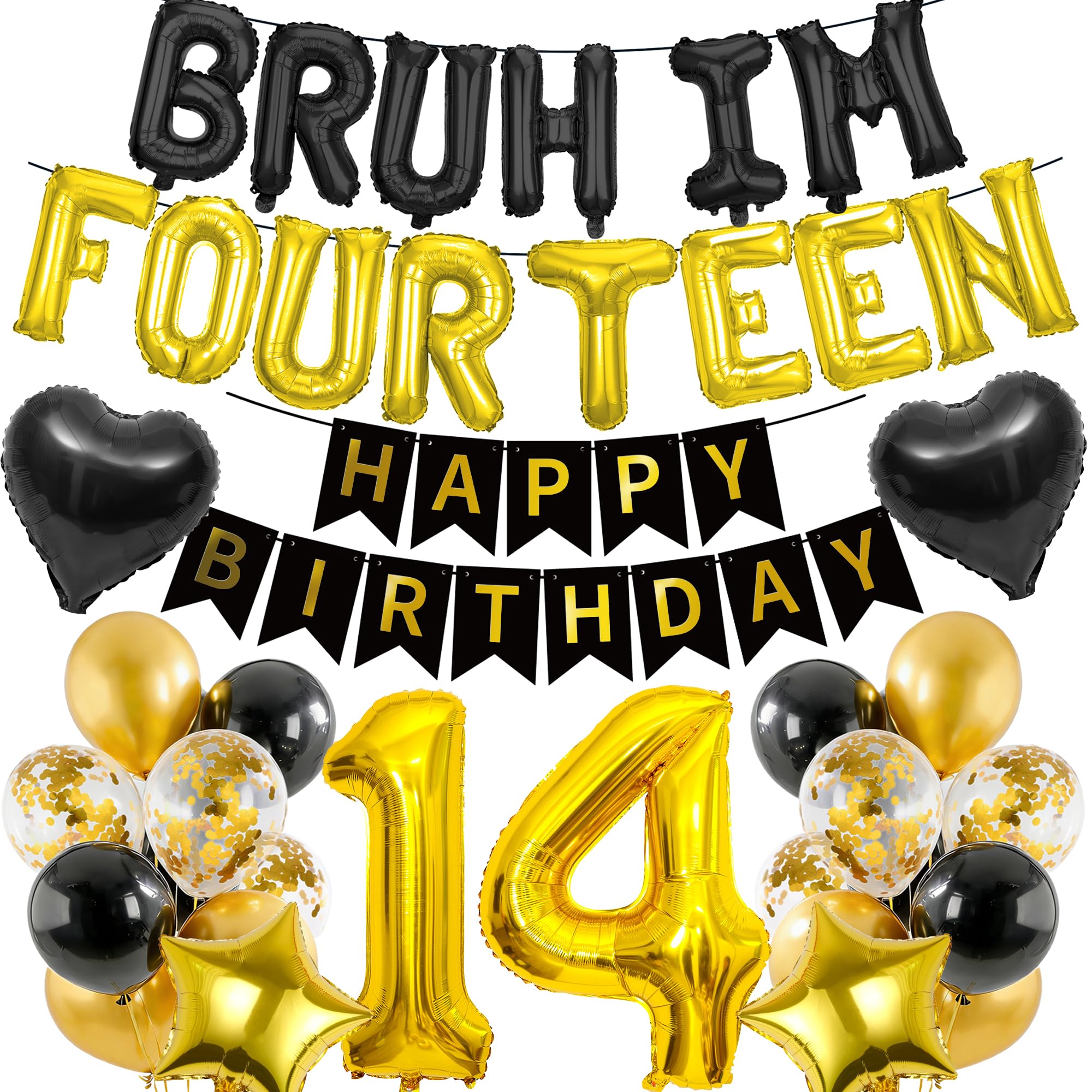 14th Birthday Decorations Banners Boy - 39 Pcs Black Gold Happy Birthday Banner BRUH I'M FOURTEEN Star Heart Number 14 Foil Balloons Decoration Sequin Balloons for 14 Years Old Boys Party Decor