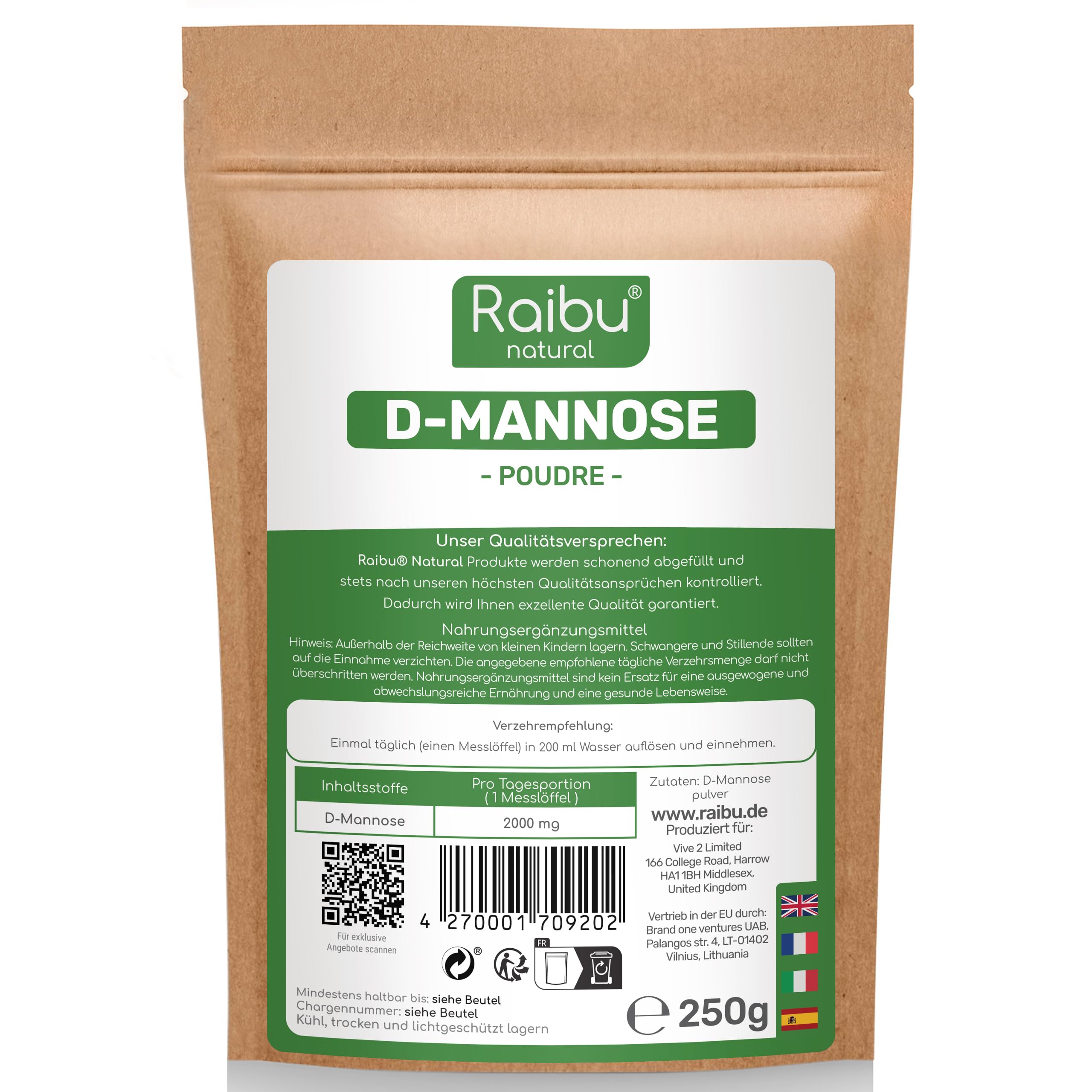 Raibu D-Mannose Poudre 250 g - Plus de 4 Mois - 2000 mg par Dose D Mannose Poudre - Cuillère de Dosage Incluse - Pur & Végétalien