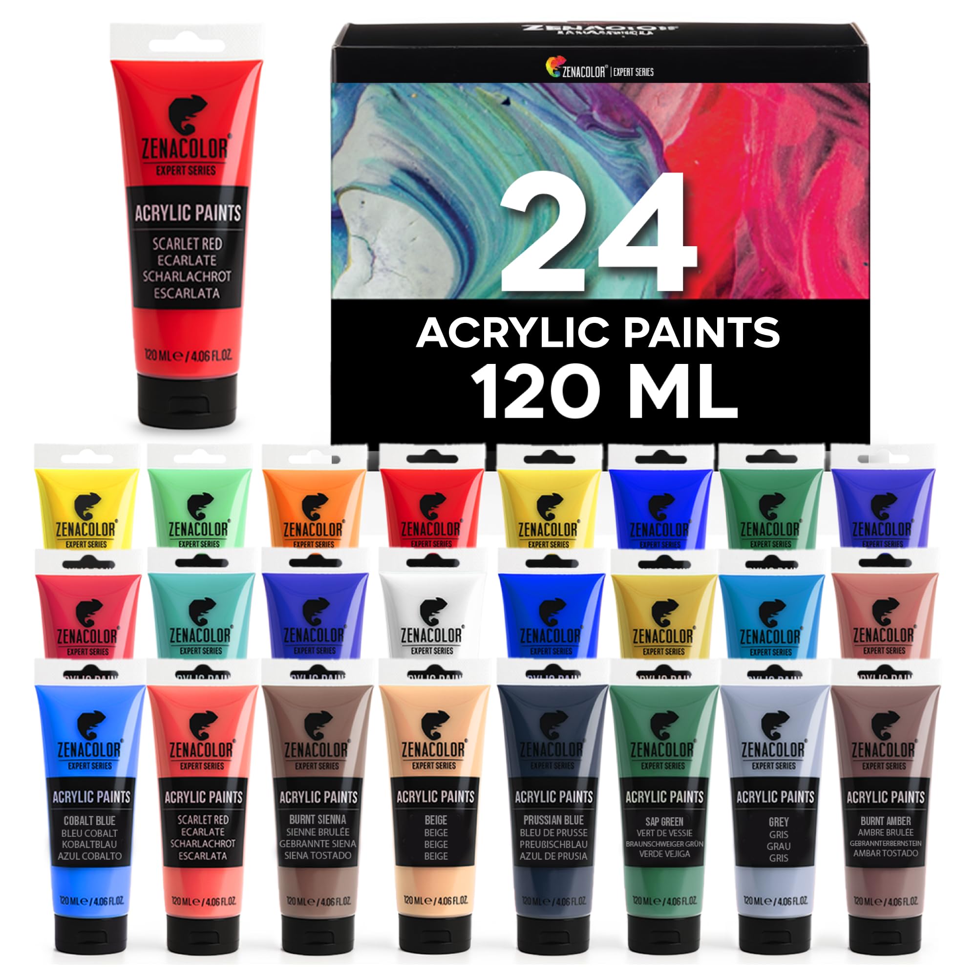 Zenacolor Set of 24 Acrylic Paints, 24 x 120 ml Tubes, 1 count (Pack 24)