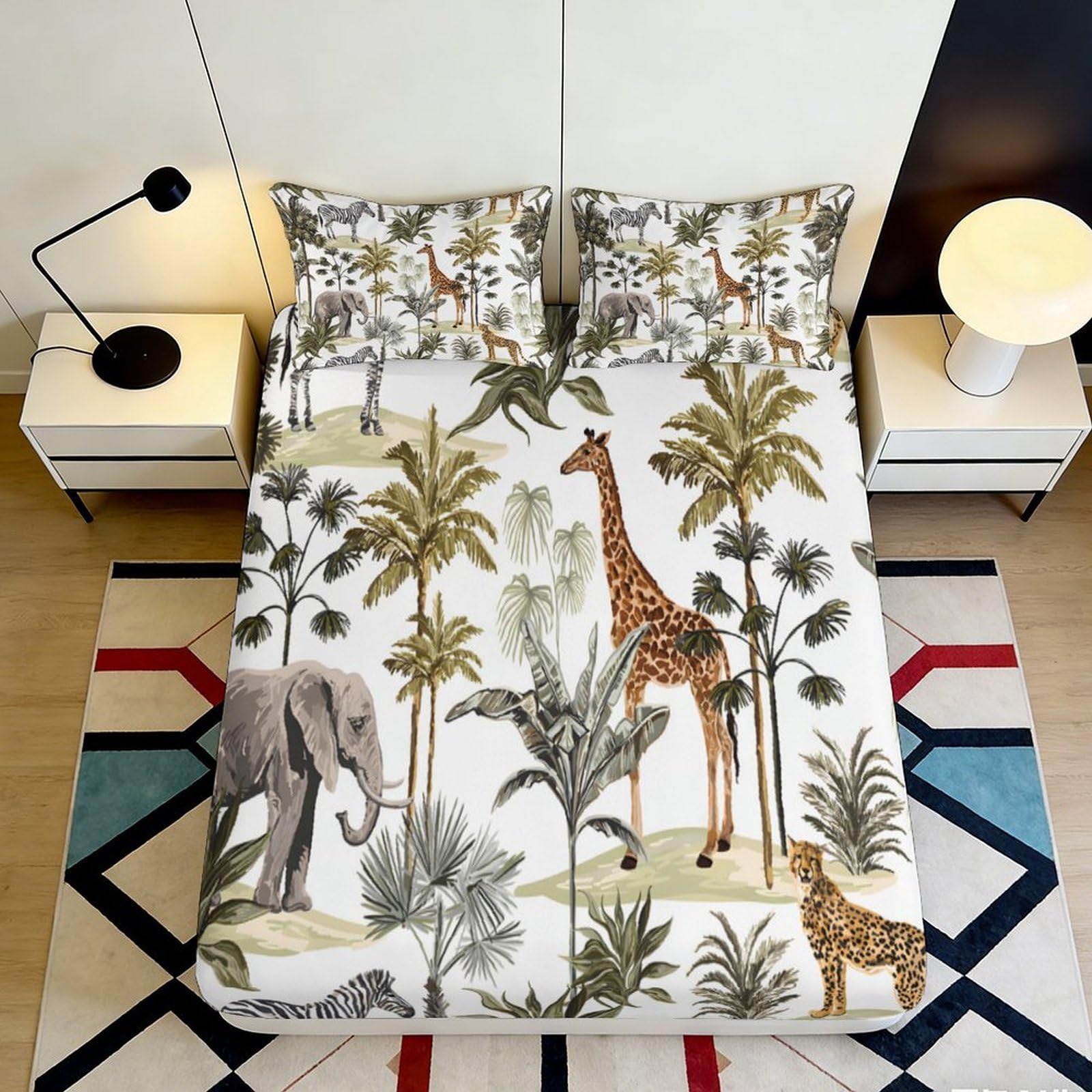 3D Printed Safari Jungle Fitted Sheet Microfiber Soft Elephant Giraffe Bed Cover for Bedroom Guest Room Decor 90x200x25cm