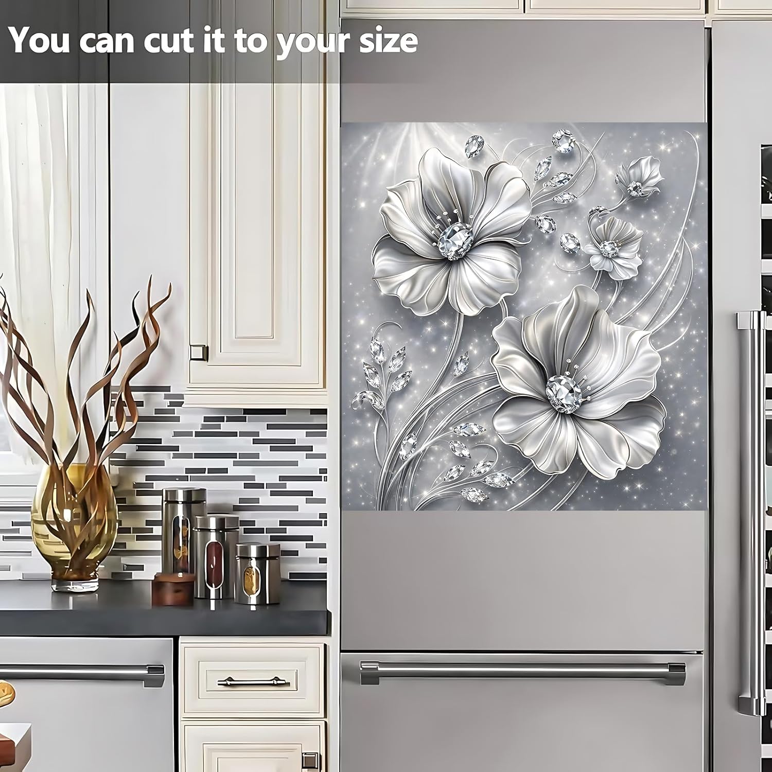 Dishwasher Magnet Cover, Dishwasher Magnetic Decoration, Embossed Flower-Themed Sticker, Dishwasher Refrigerator Protection Magnetic Kitchen Art Decoration 23x25.5 inches (Silver Embossed Flowers)