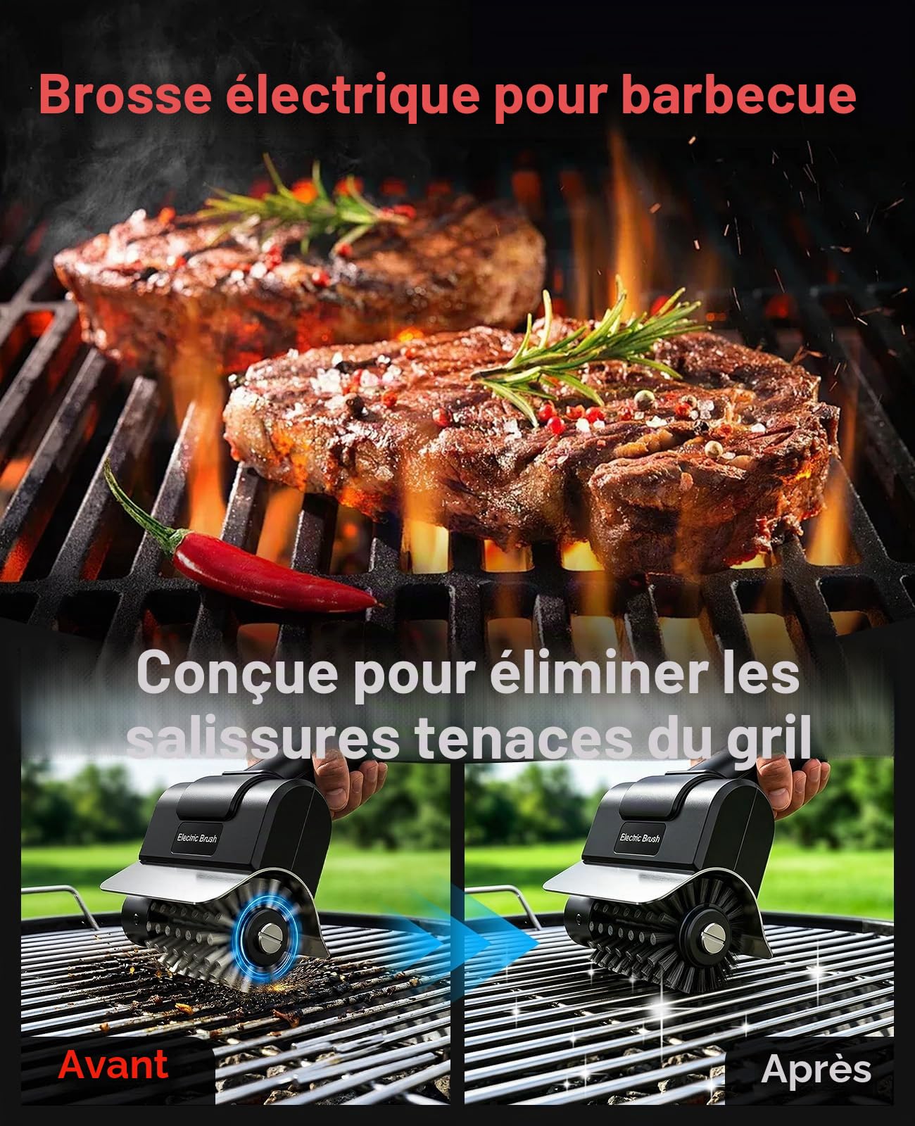 Brosse de Nettoyage électrique，Brosse de Nettoyage en Acier Inoxydable Rechargeable， avec Gant，pour Gril Extérieur/Barbecue, Facile à Nettoyer, Cadeau pour Hommes/Papa