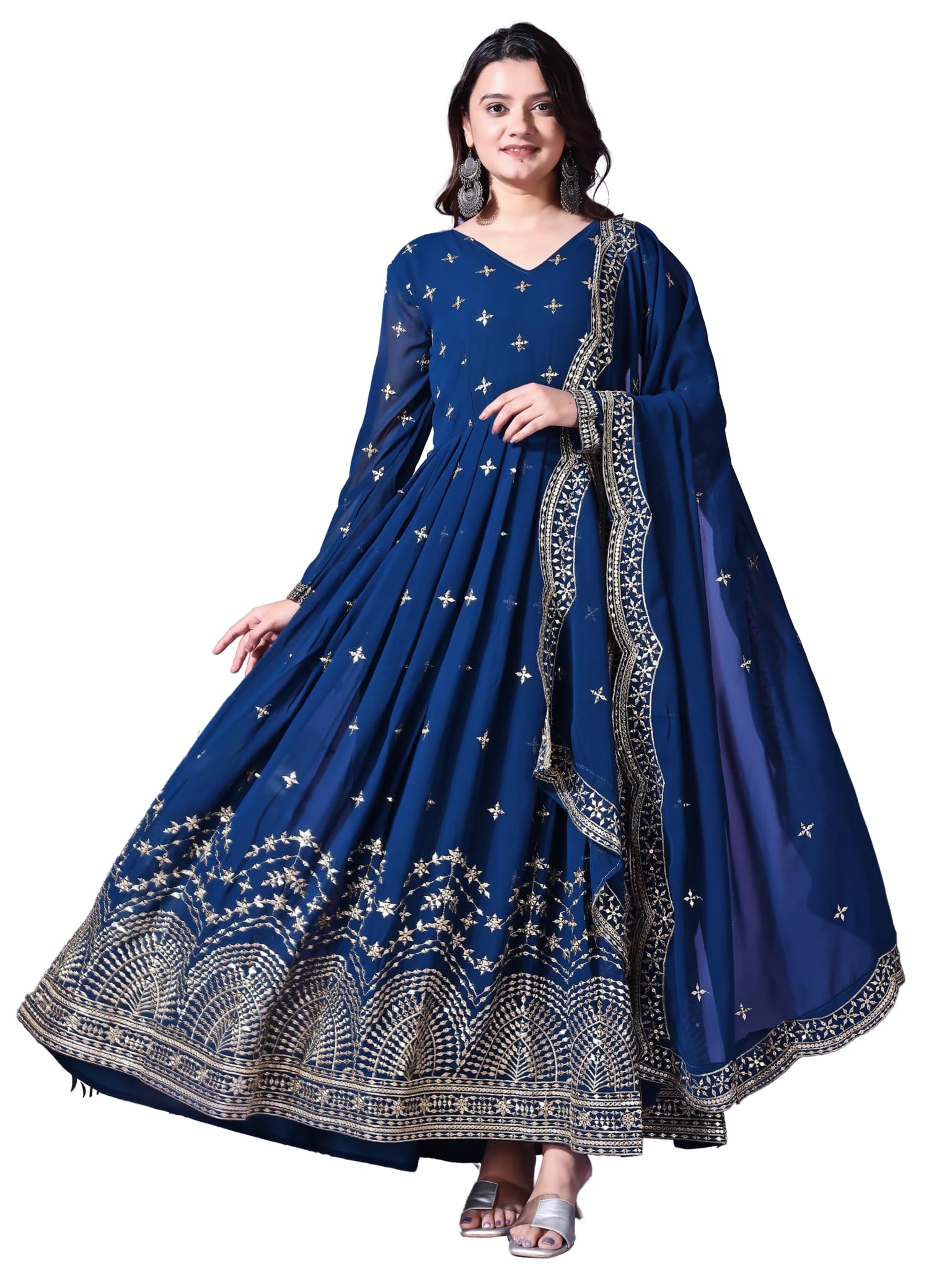 Fashion Basket Faux Georgette Sequins Anarkali Dress For Women (In, Alpha, 2Xl, Regular, Turquoise)