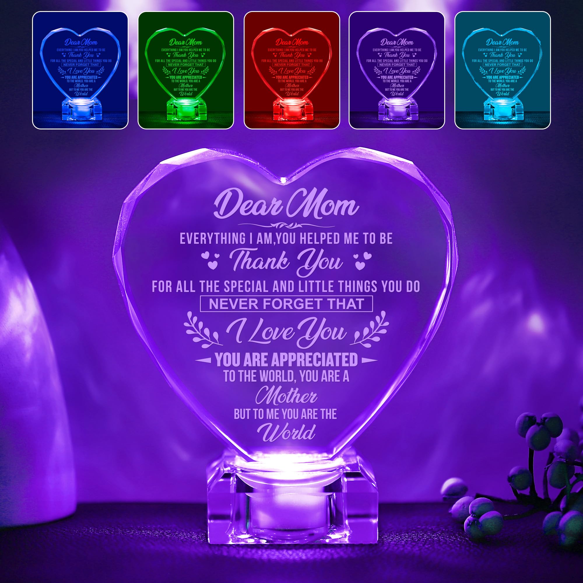 WSYEAR Mothers Day Birthday Gifts for Mom from Daughter Son-Mom Gifts, Mom Love Crystal Gifts for Birthday, Engraved Crystal Heart with Rechargeable Color — image 1