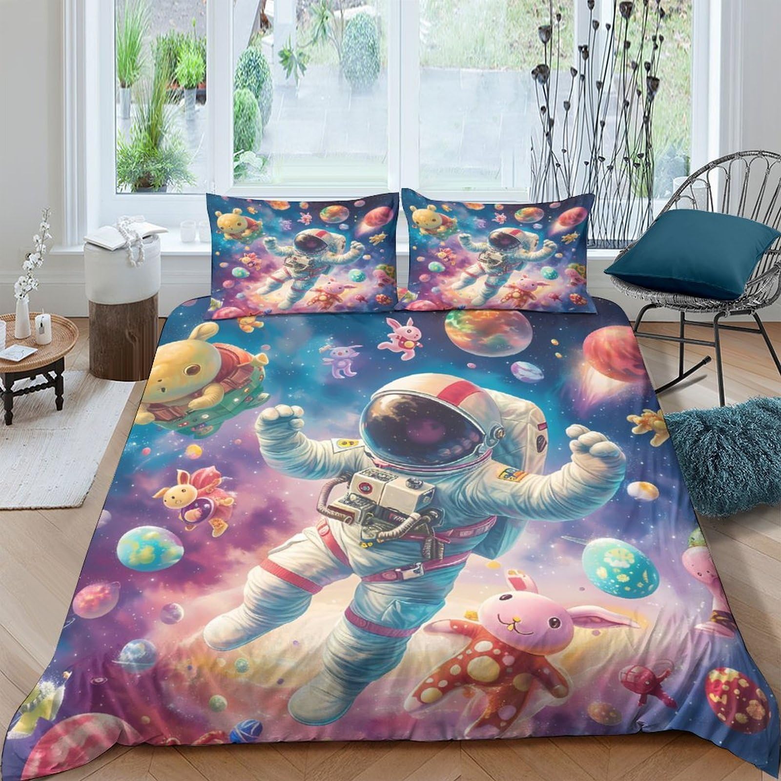 GPLZQXKJNH 3D Printed Astronaut Space Adventure Duvet Cover Microfiber Soft Bedding Set with 2 Pillowcases, Bedroom Decor, Single（135x200cm）
