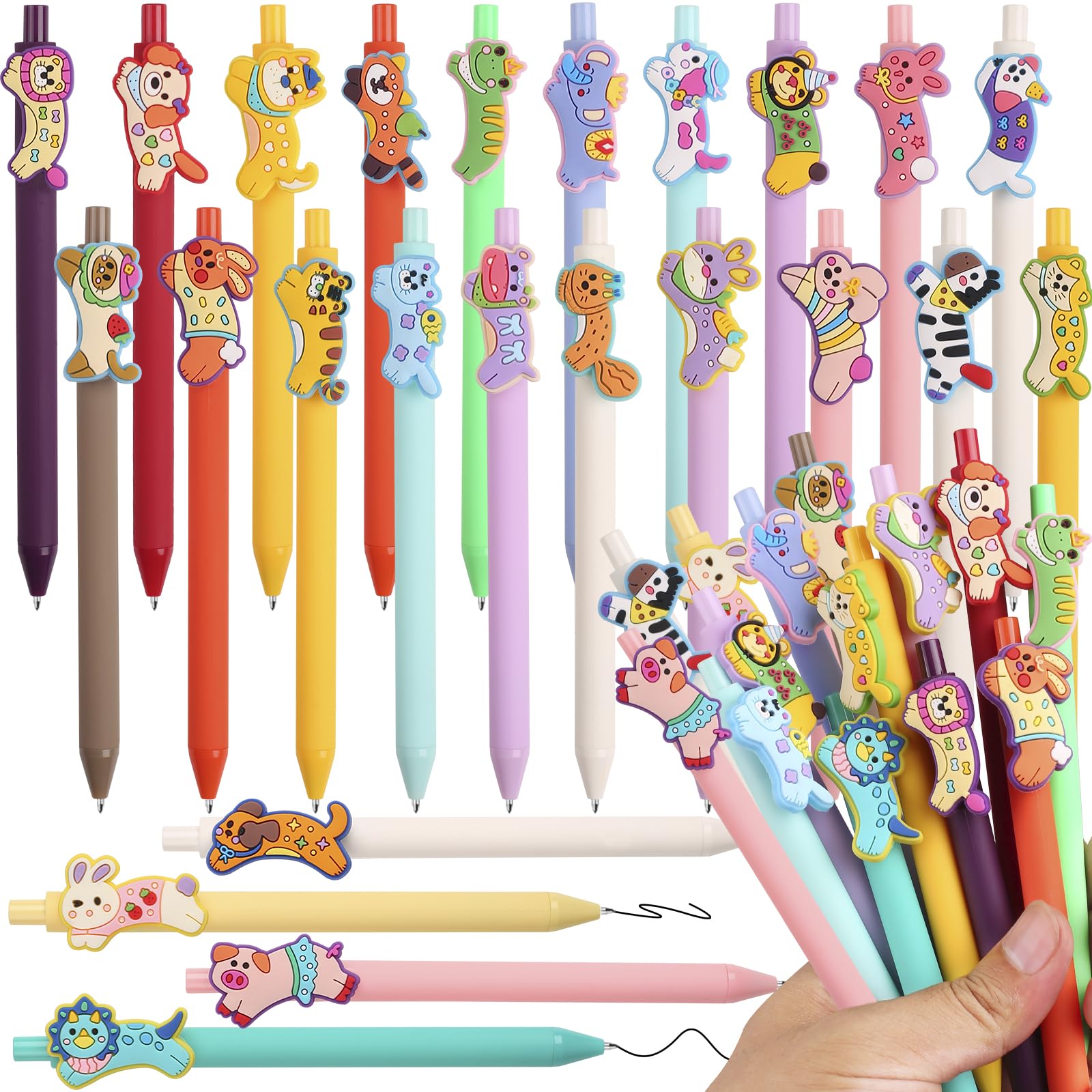 Leery 24 szt. uroczych kreskówkowych zwierzęcych żelowych długopisów z czarnym atramentem, zabawne kawaii, chowane długopisy do pisania, różne style, nowatorskie długopisy do szkoły, biura, domu
