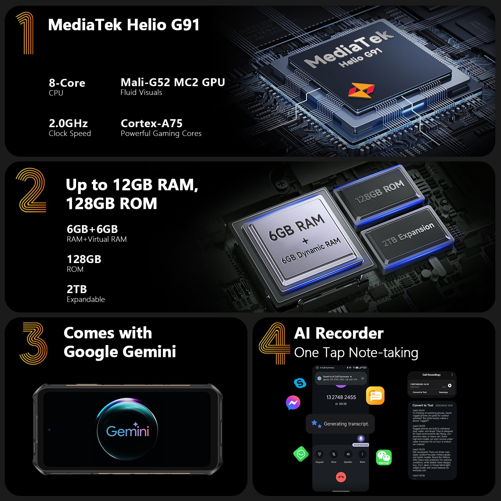 Ulefone Armor X16 Rugged Smartphone Android 15, 12GB+128GB/SD-2TB, 48MP+16MP+20MP Visione Notturna con 133LUM Torcia Abbagliante 6.56" 10360mAh Helio G91, 3-Slots/Face ID/Fingerprint/GPS/OTG/NFC Nero