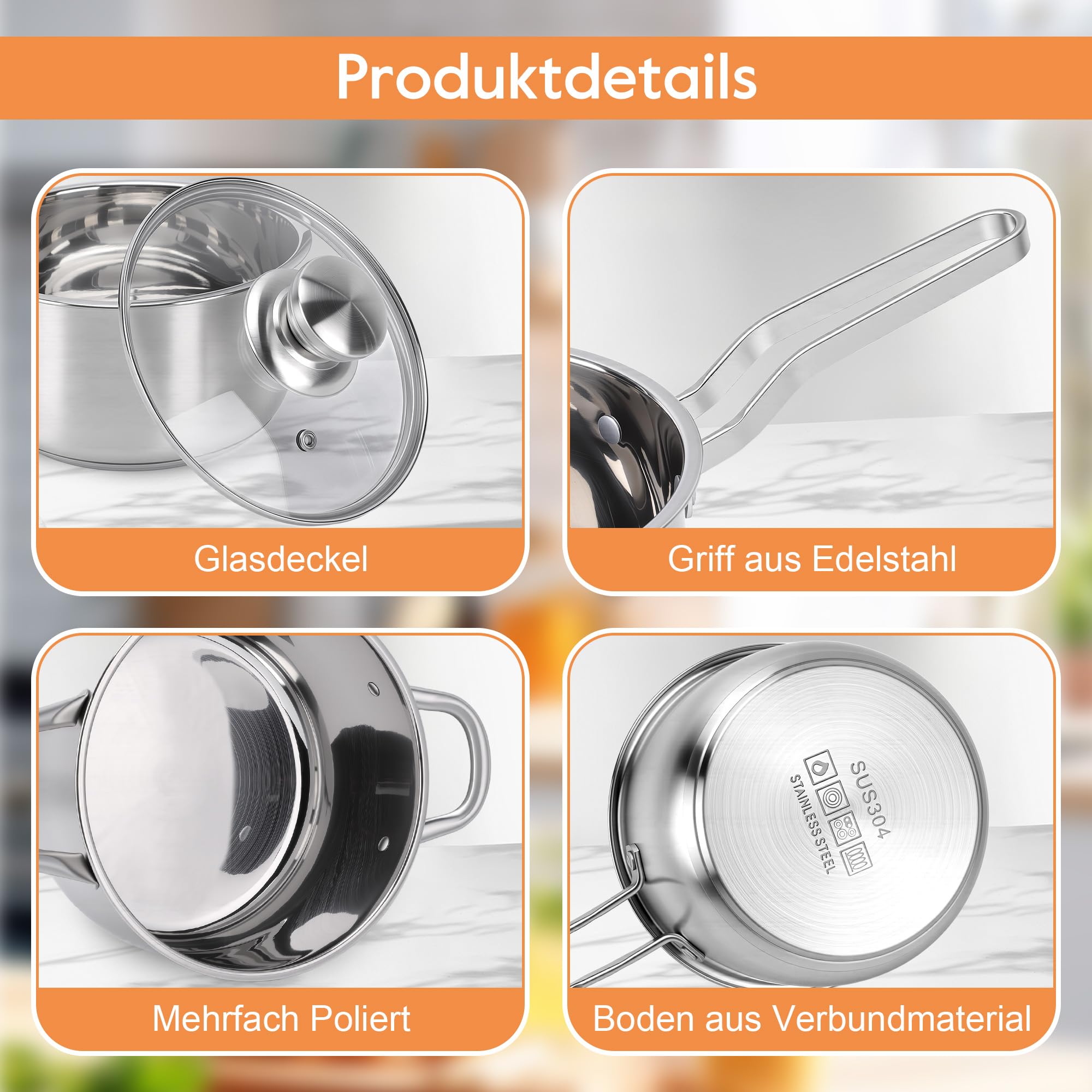 Topfset Induktion 8-Teilig, Kochtopf Set Edelstahl mit Glasdeckel, Töpfe Set für Alle Herdarten, Kochtöpfe Inklusive Stielkasserolle, Spülmaschinengeeignet
