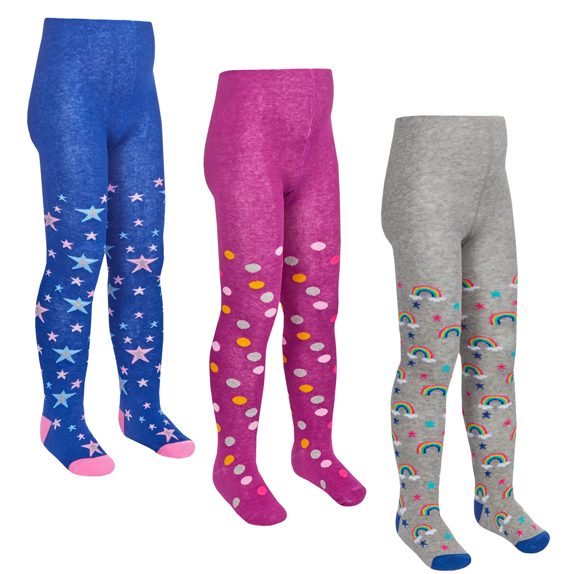 Metzuyan Girls Rainbow Stars - 3 Pairs 3 Pairs Kids Cotton Rich Designer Tights Rainbow Stars Spots Dots 2-3 Years