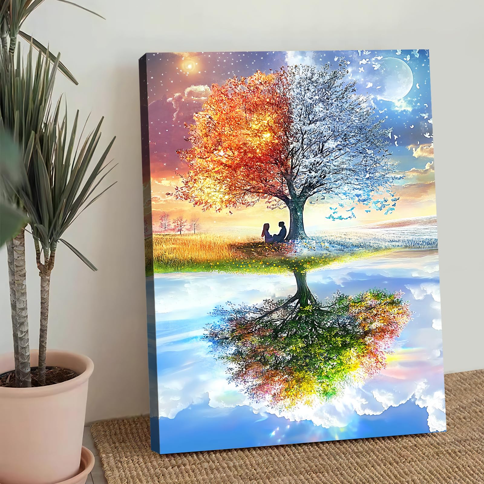 Wooden Framed Canvas Wall Art Four Season Tree of Life Painting on Canvas Prints Poster Blue Sky and White Clouds Pictures for Living Room Bedroom Home Office Hallway Corridor Wall Decor 30x40cm - Image 2
