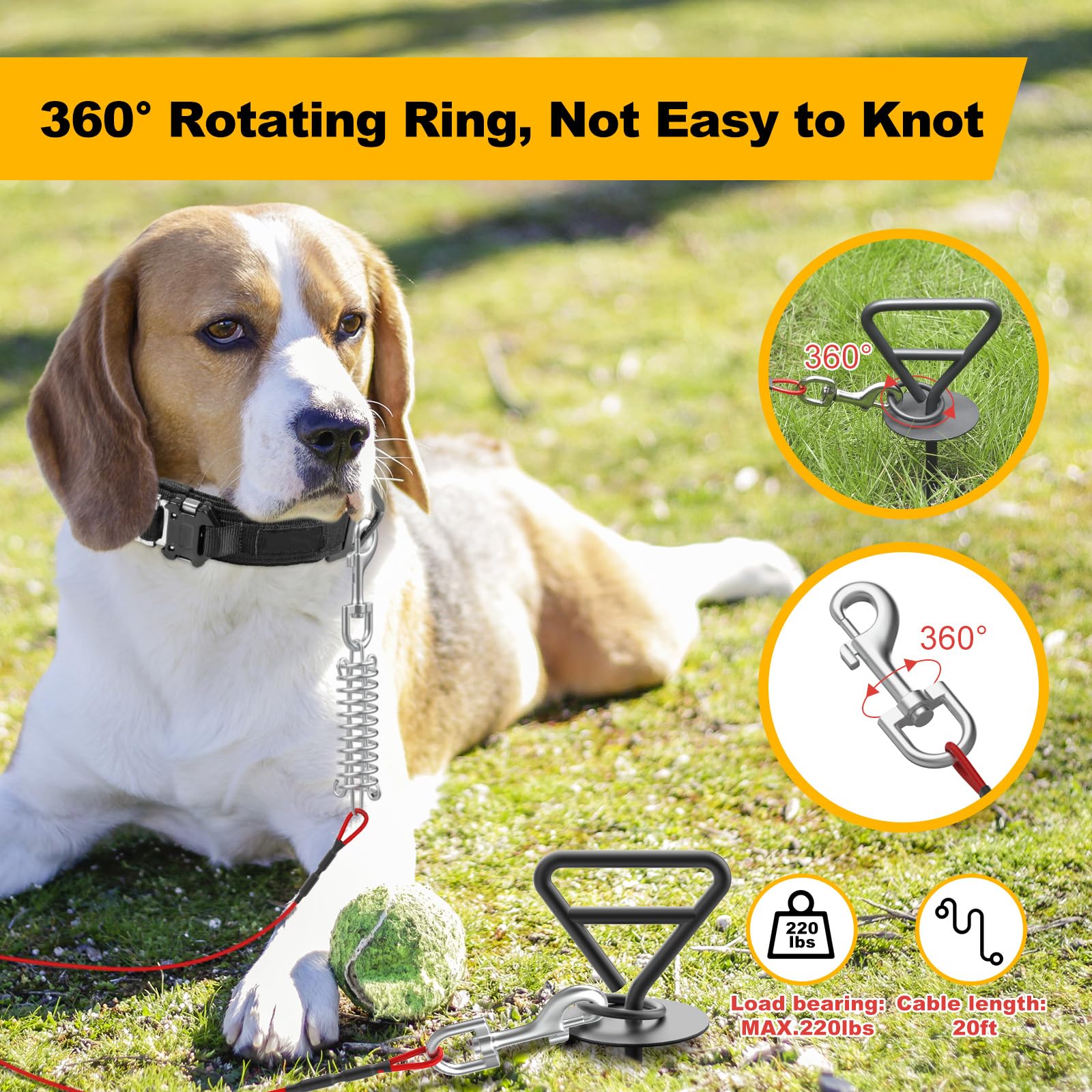 Piquet d'attache pour Chien avec Câble, Piquet Robuste avec pour Grands Chiens Jusqu'à 200 LB, Câble Attache Chien pour Chien de 20 Pieds à Rotation Gratuite à 360°, Noir