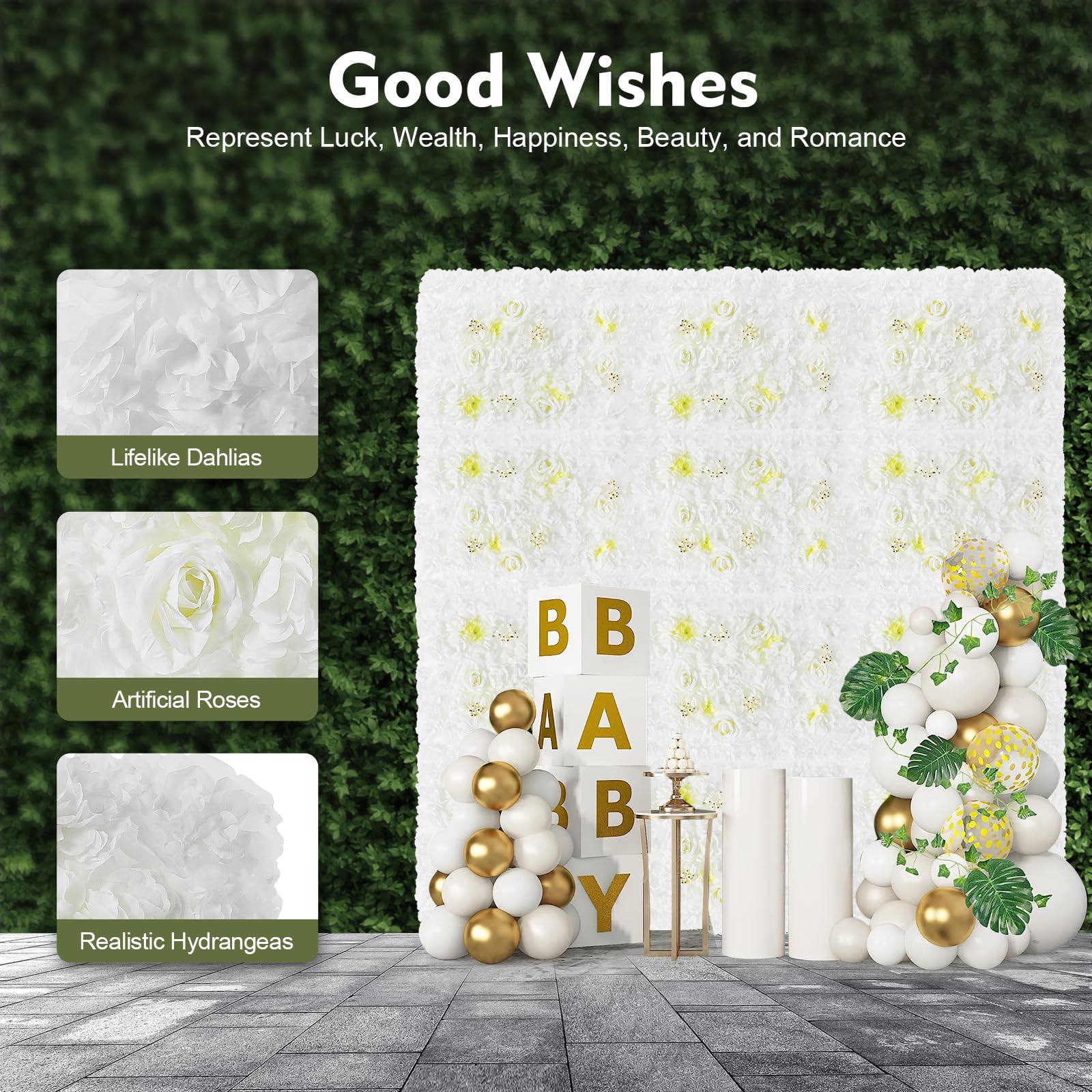 Künstliche Blumenwand 12 Stück Flower Wall künstliche Rose, DIY Blume Wandpaneel für Hochzeit, Hintergrund, Dekoration, Zuhause, Garten, Party, Dekoration, 60 x 40 cm, Weiße