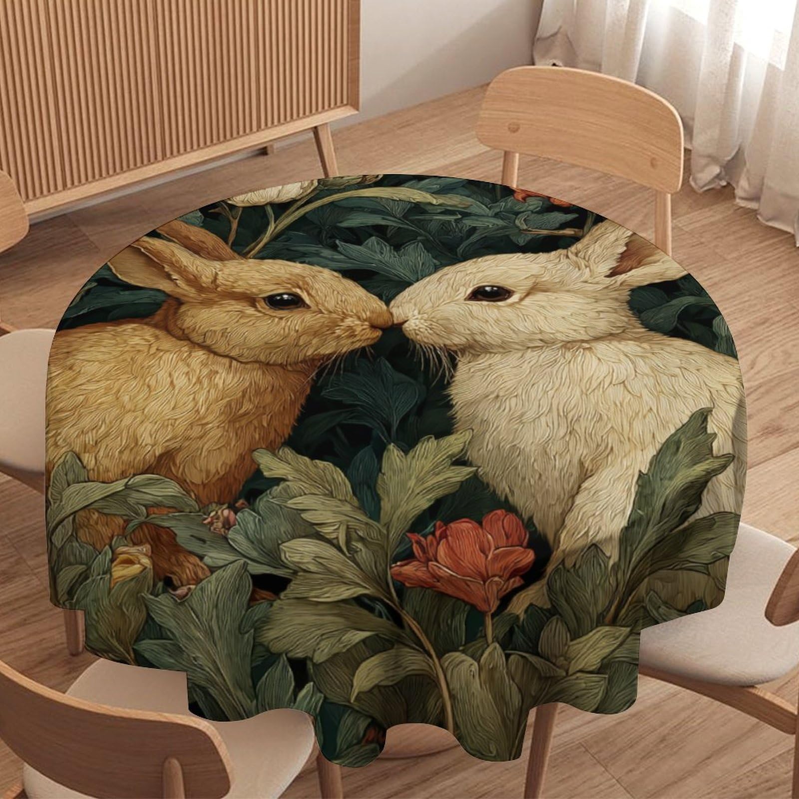 LUYYSKY Beautiful Classic Boho Rabbits Waterproof Round Tablecloth Fantasy Realistic William Morris Plants Floral Animals Bunnies Print Washable Table Cover for Kitchen-127 Wx127 L cm
