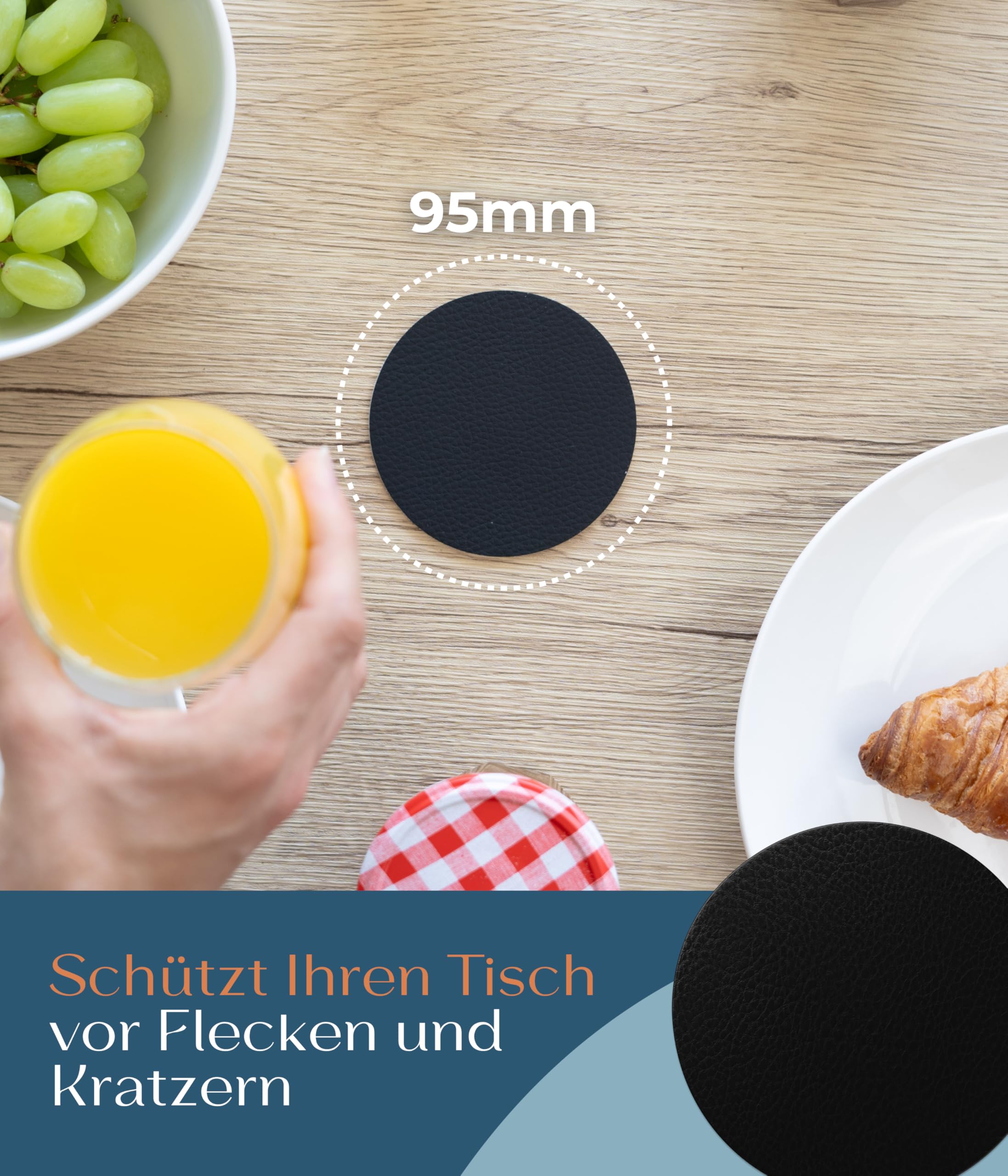 Glass Coasters Set of 6 Leather (Bonded Leather) Coaster Drinks Coasters, Colour: Black, Round 9.5 cm - Image 4